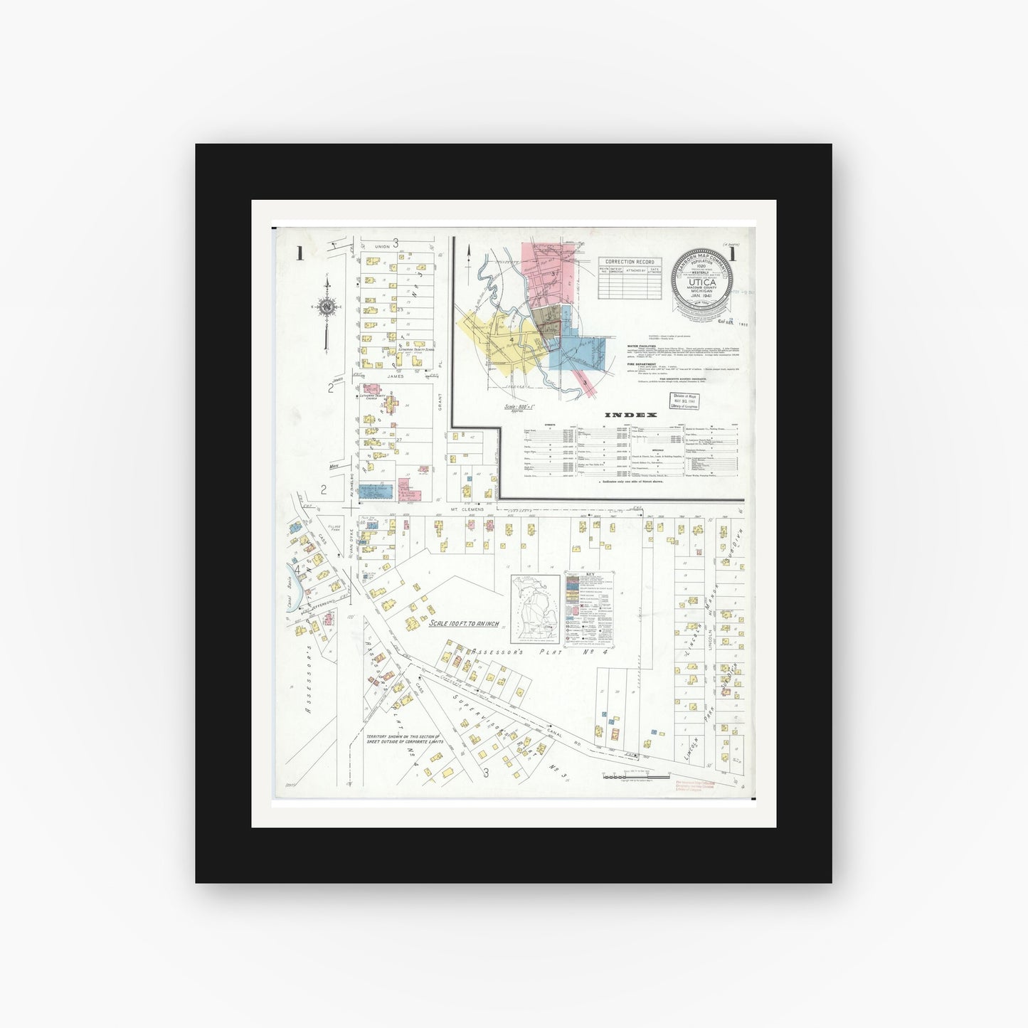 Old map wall art mockup — black gallery frame with white mat — Sanborn Fire Insurance Map from Utica, Macomb County, Michigan (1941) - Complete Map Set