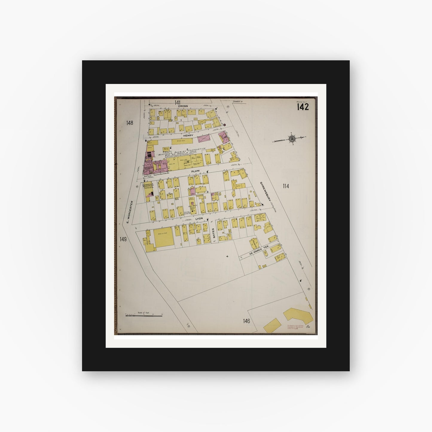 Old map wall art mockup — black gallery frame with white mat — Sanborn Fire Insurance Map from Worcester, Worcester County, Massachusetts (1910), Sheet #0142