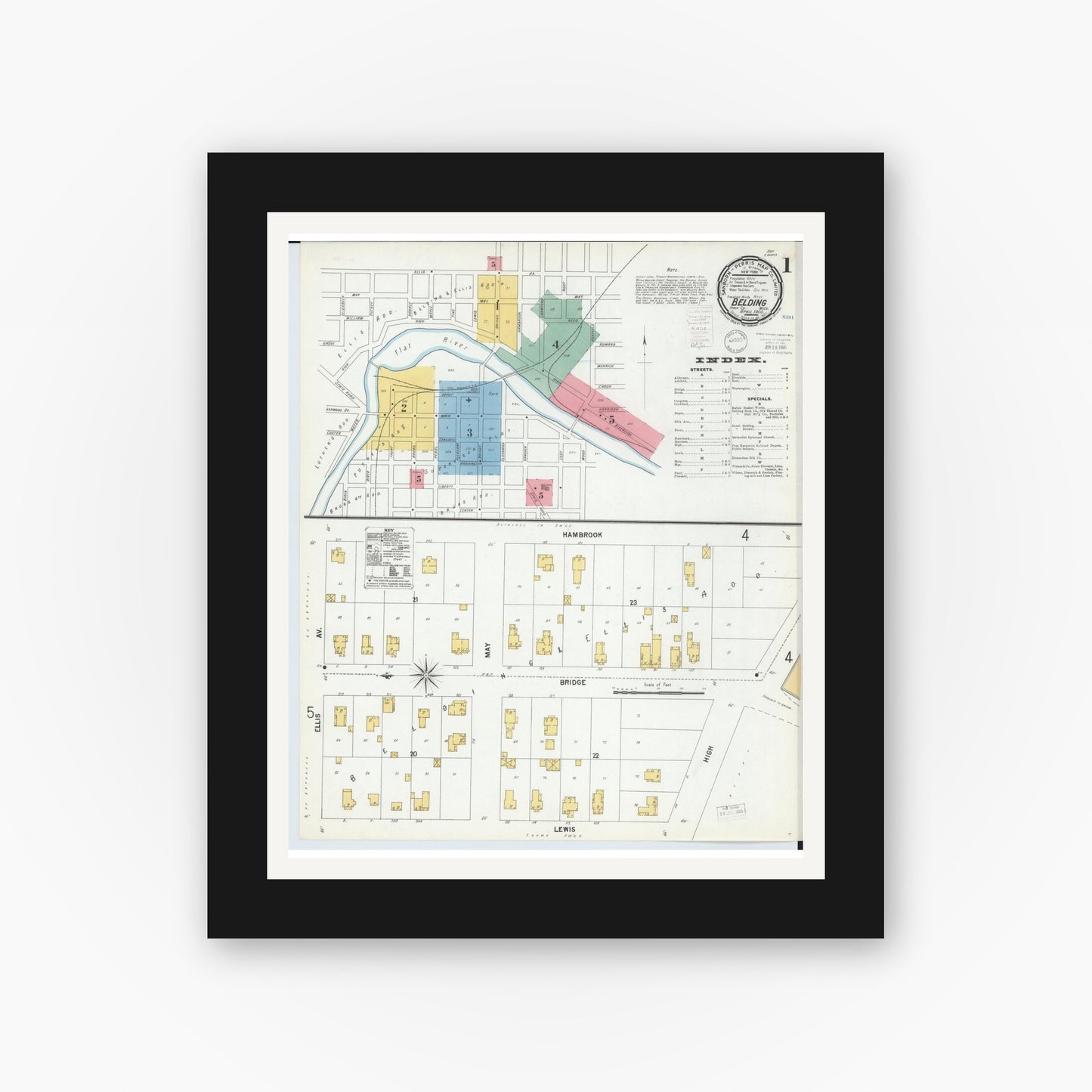 Old map wall art mockup — black gallery frame with white mat — Sanborn Fire Insurance Map from Belding, Ionia County, Michigan (1900), Sheet #0001