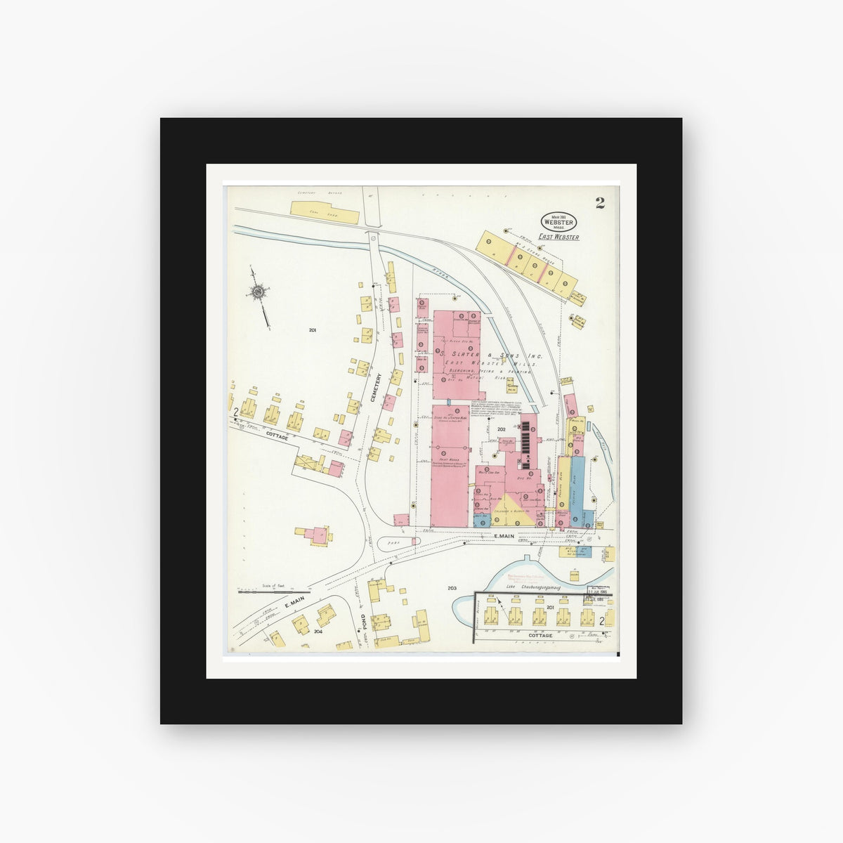 Old map wall art mockup — black gallery frame with white mat — Sanborn Fire Insurance Map from Webster, Worcester County, Massachusetts (1911), Sheet #0002