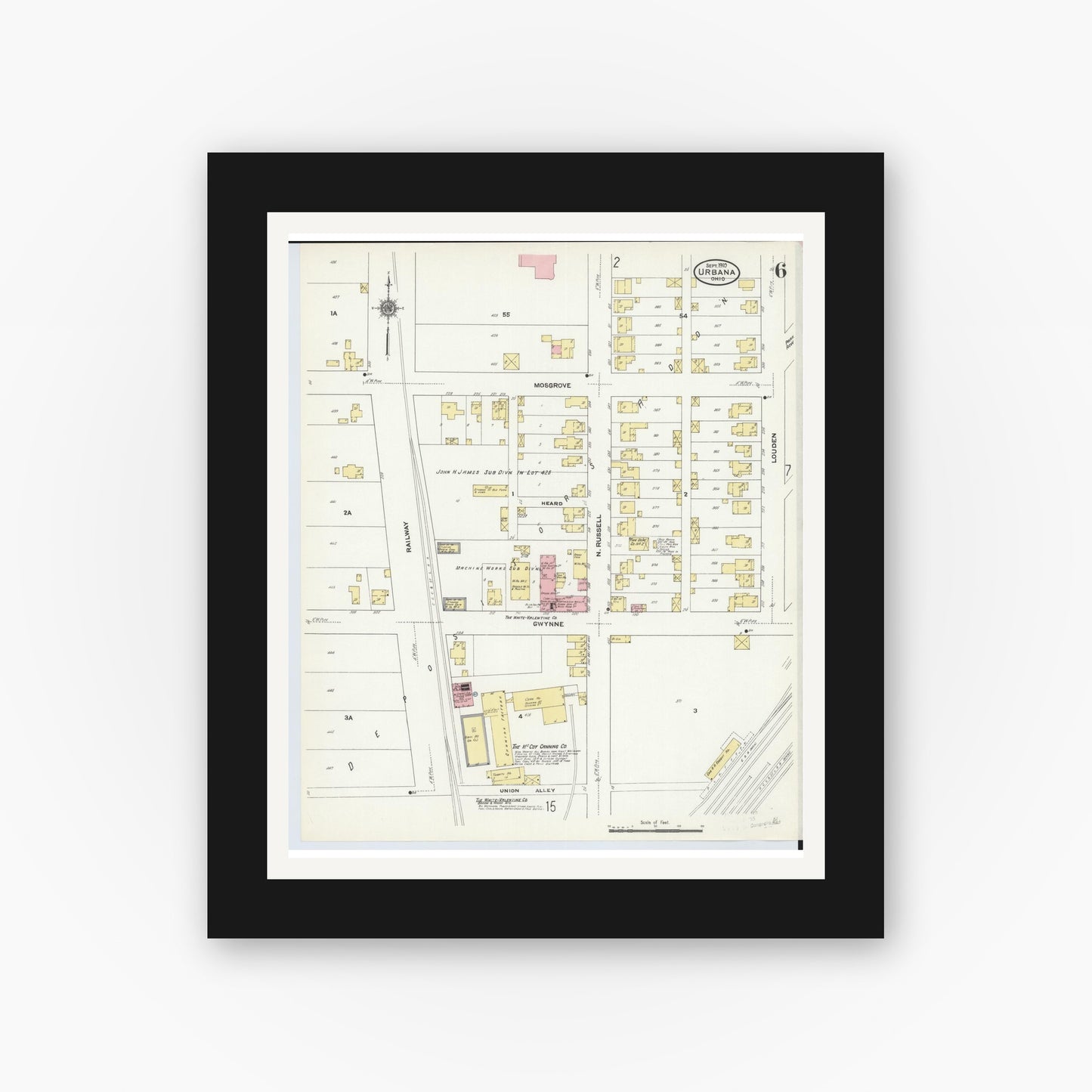 Old map wall art mockup — black gallery frame with white mat — Sanborn Fire Insurance Map from Urbana, Champaign County, Ohio (1910), Sheet #0006