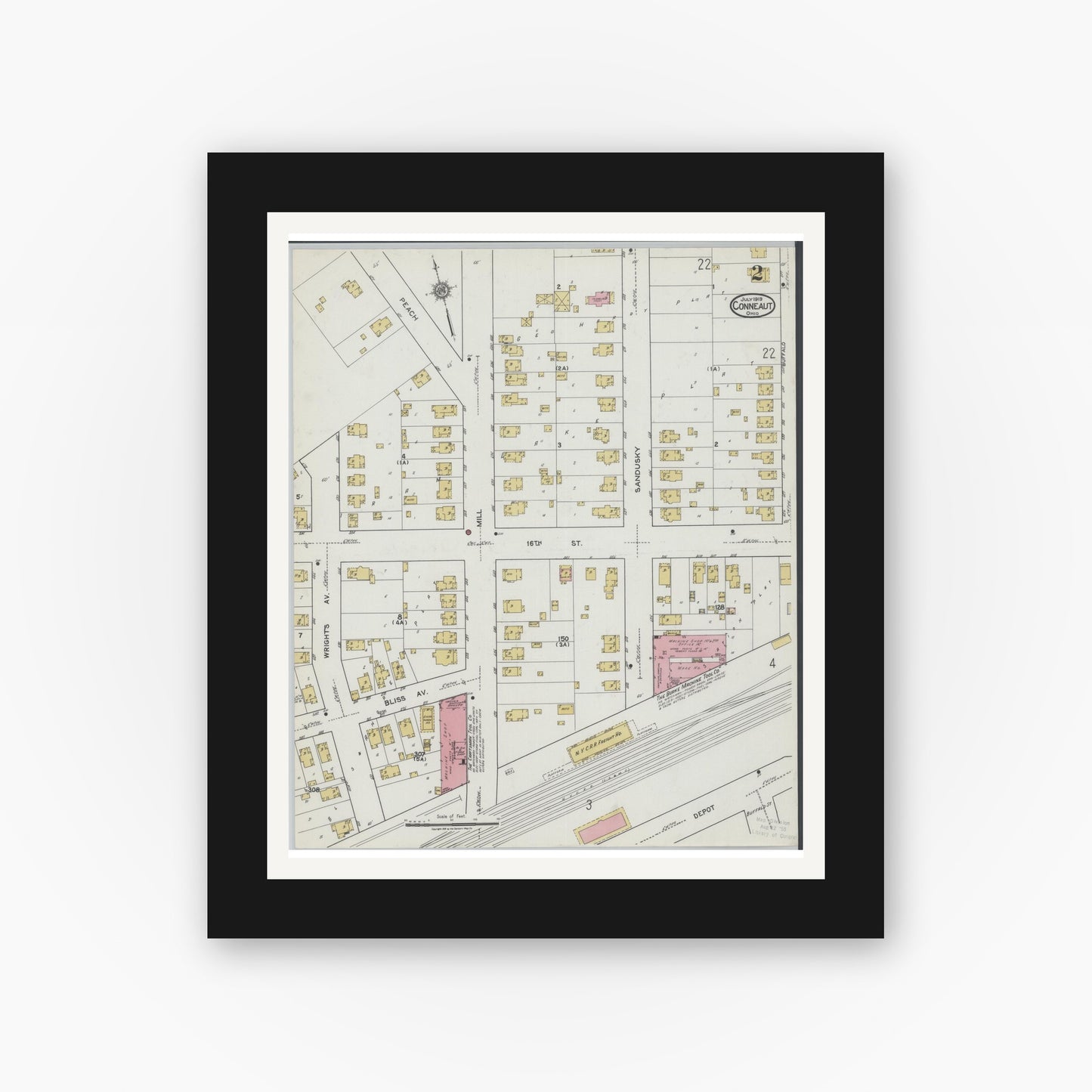 Old map wall art mockup — black gallery frame with white mat — Sanborn Fire Insurance Map from Conneaut, Ashtabula County, Ohio (1919), Sheet #0002