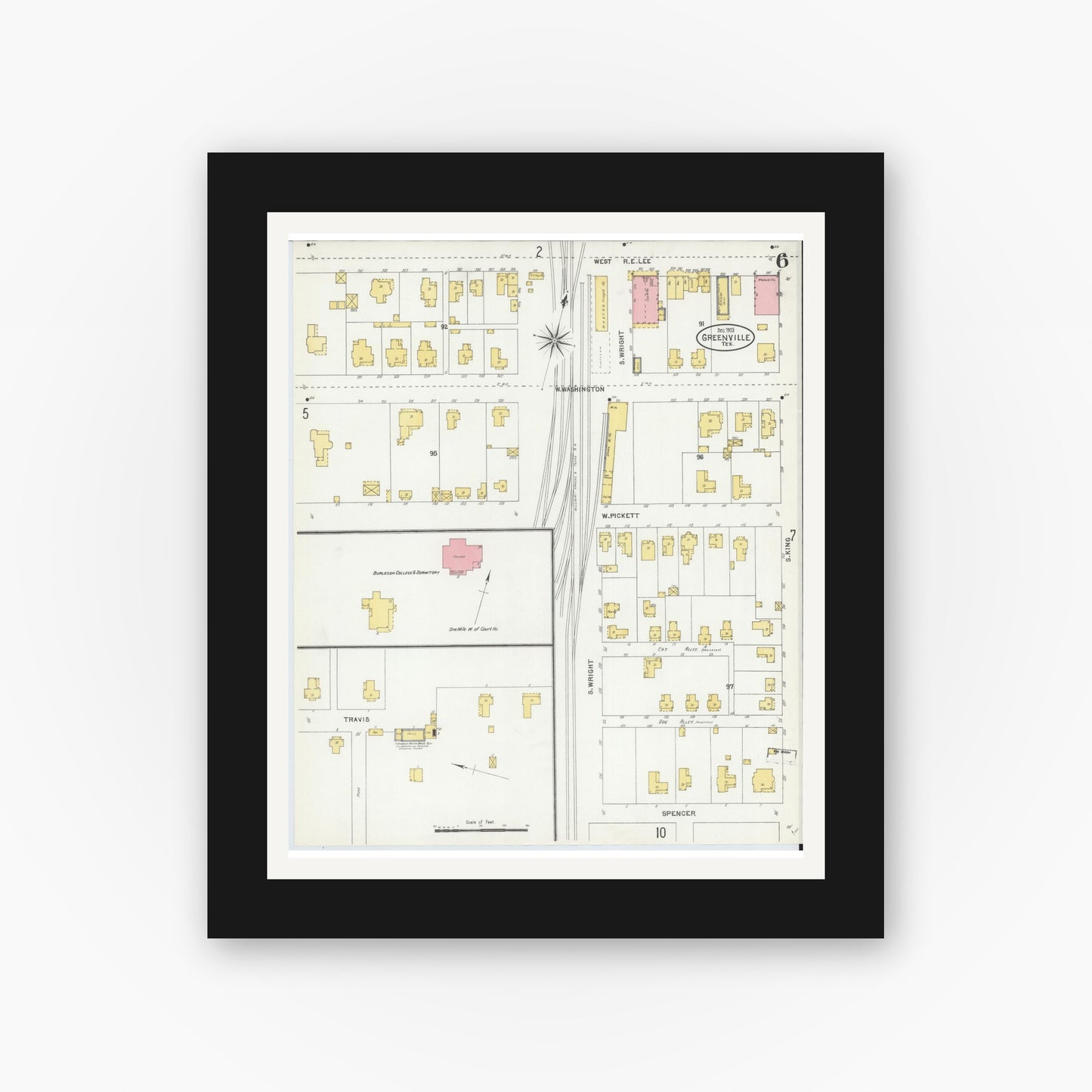 Old map wall art mockup — black gallery frame with white mat — Sanborn Fire Insurance Map from Greenville, Hunt County, Texas (1903), Sheet #0006