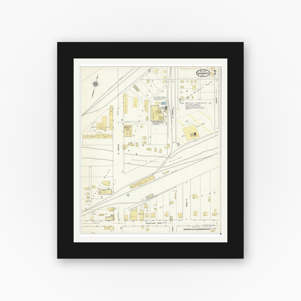 Old map wall art mockup — black gallery frame with white mat — Sanborn Fire Insurance Map from San Marcos, Hays County, Texas (1912), Sheet #0007