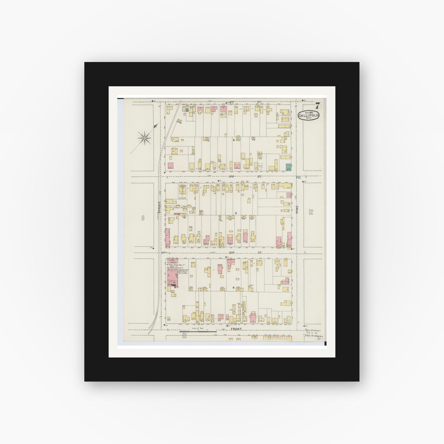 Old map wall art mockup — black gallery frame with white mat — Sanborn Fire Insurance Map from Gallipolis, Gallia County, Ohio (1895), Sheet #0007