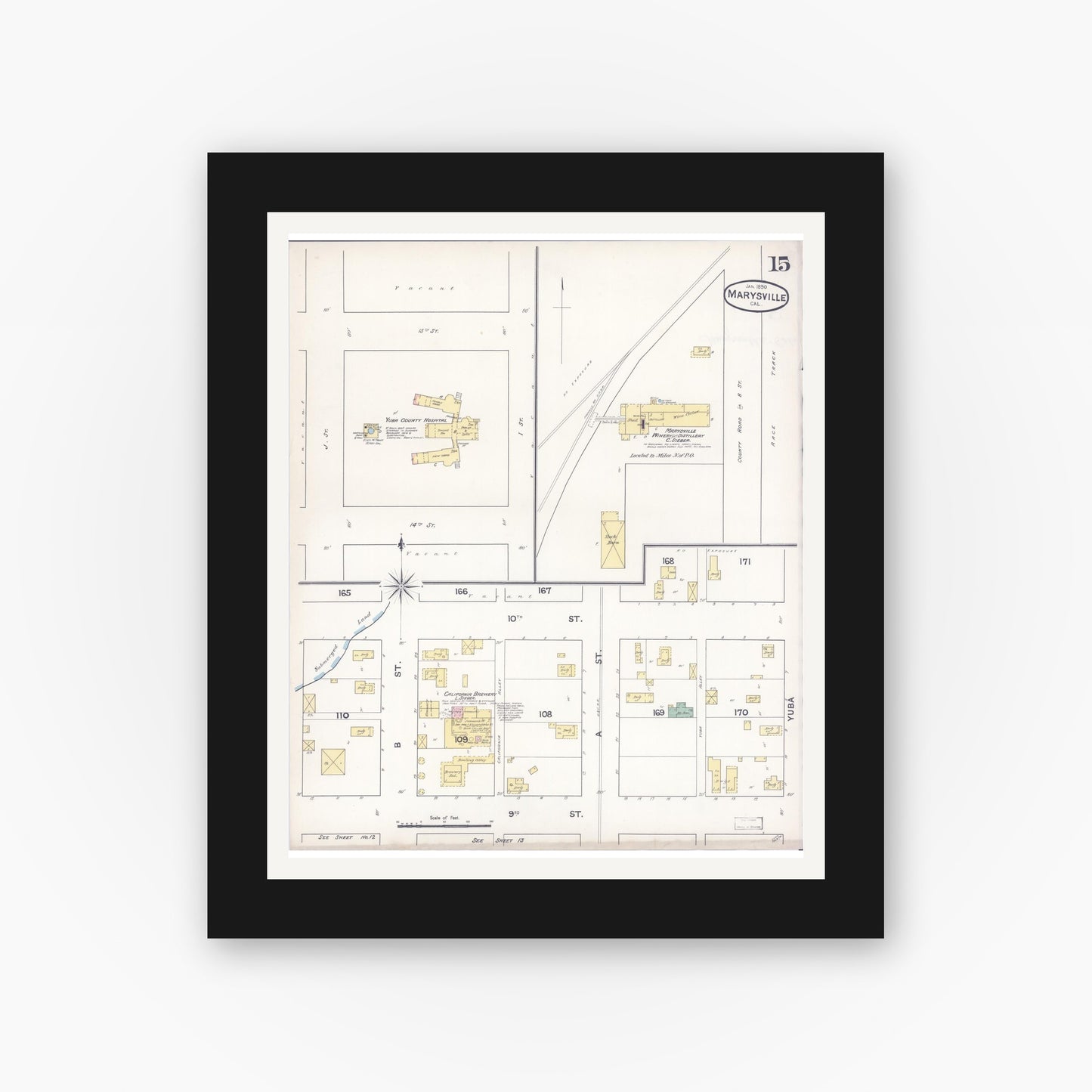 Old map wall art mockup — black gallery frame with white mat — Sanborn Fire Insurance Map from Marysville, Yuba County, California (1890), Sheet #0015