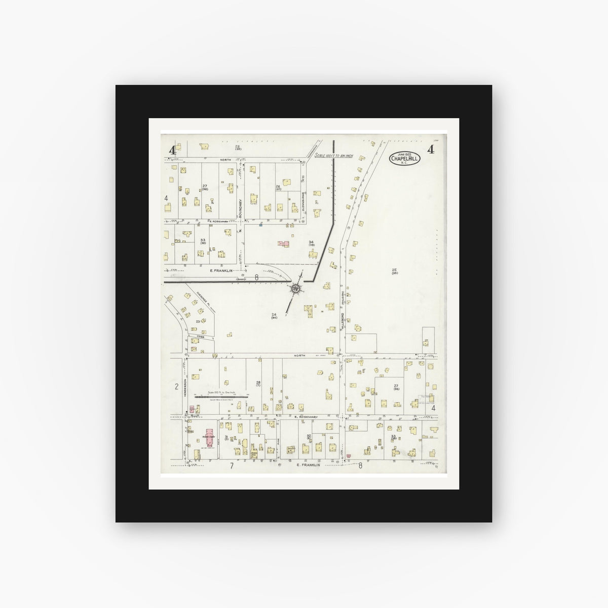 Old map wall art mockup — black gallery frame with white mat — Sanborn Fire Insurance Map from Chapel Hill, Orange County, North Carolina (1925), Sheet #0004