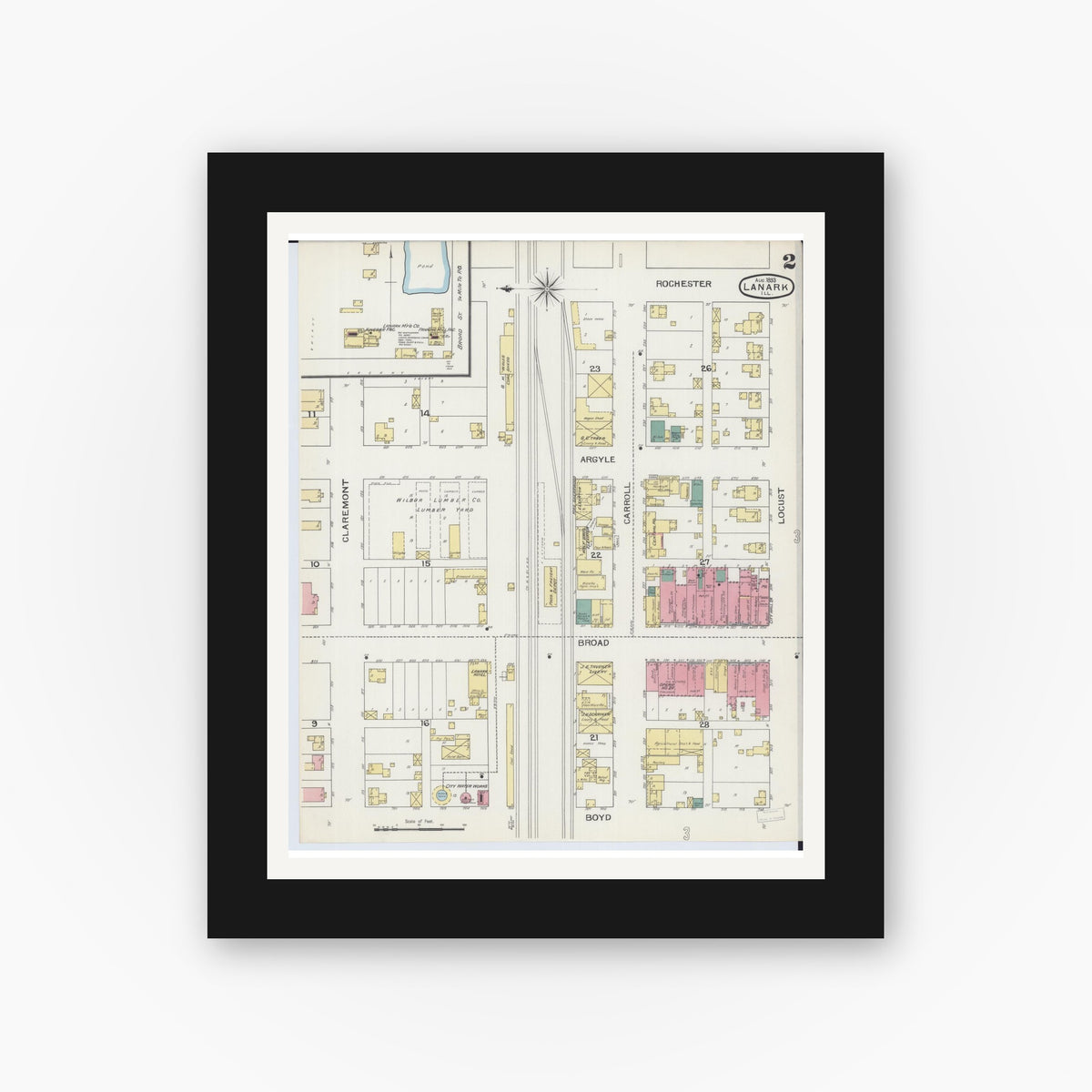 Old map wall art mockup — black gallery frame with white mat — Sanborn Fire Insurance Map from Lanark, Carroll County, Illinois (1893), Sheet #0002