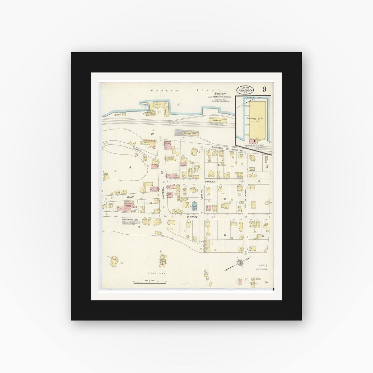 Old map wall art mockup — black gallery frame with white mat — Sanborn Fire Insurance Map from Rhinebeck, Dutchess County, New York (1912), Sheet #0009