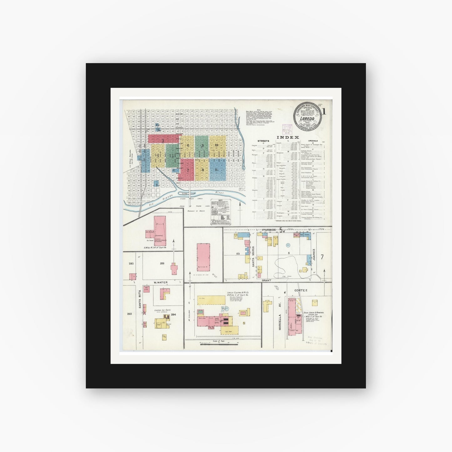 Old map wall art mockup — black gallery frame with white mat — Sanborn Fire Insurance Map from Laredo, Webb County, Texas (1905), Sheet #0001