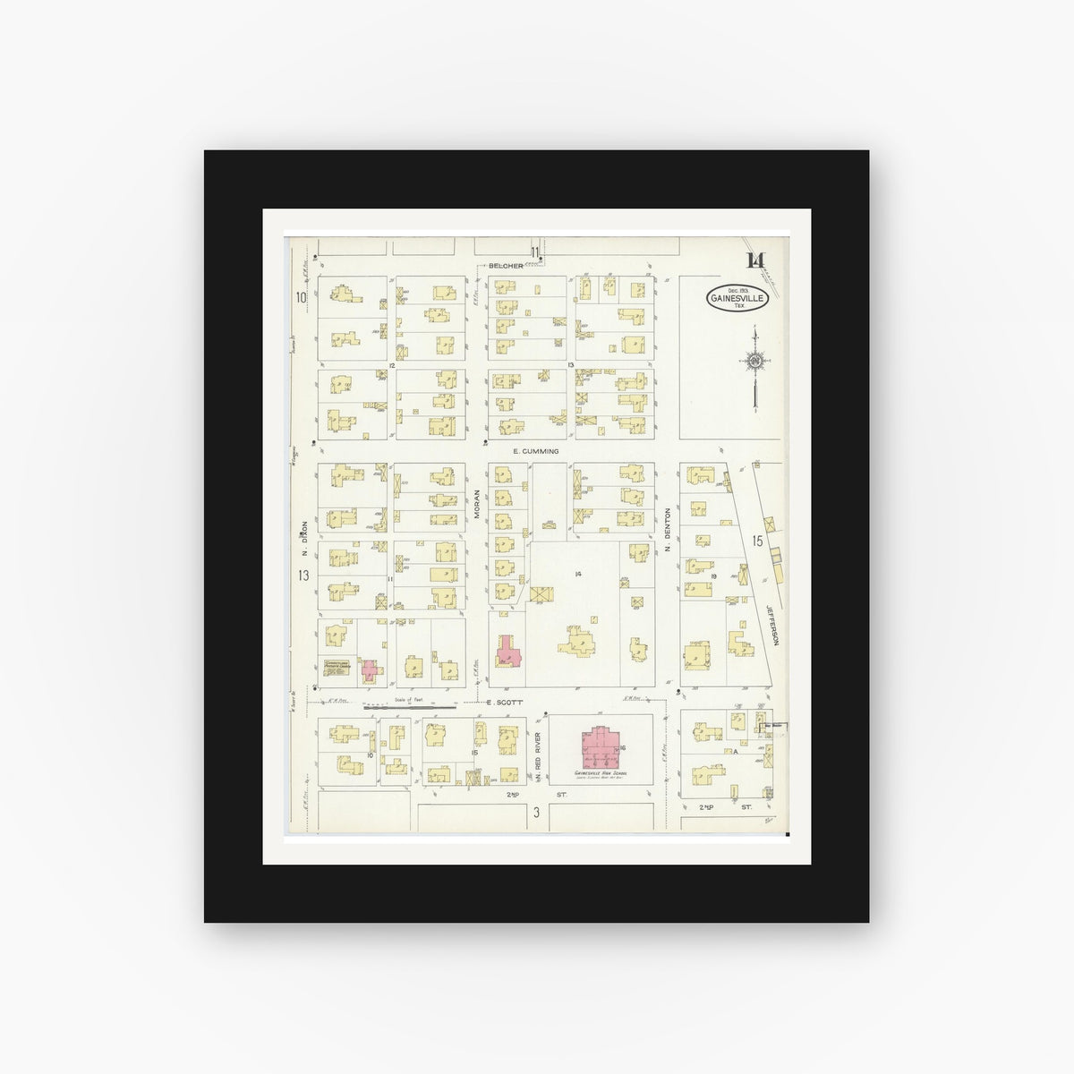 Old map wall art mockup — black gallery frame with white mat — Sanborn Fire Insurance Map from Gainesville, Cooke County, Texas (1913), Sheet #0014
