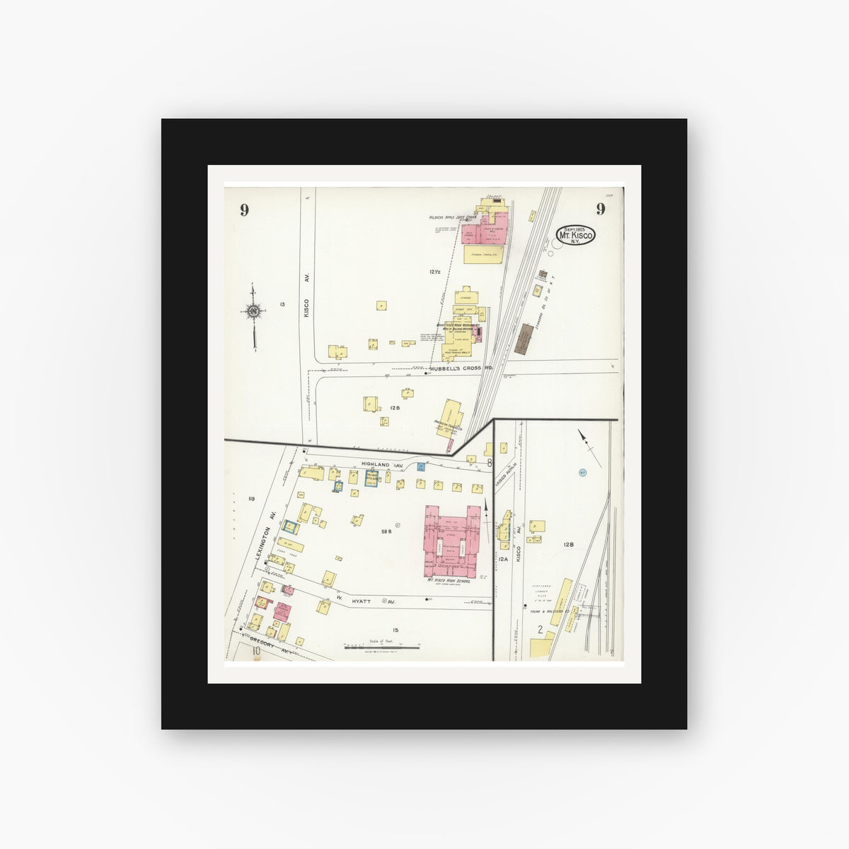 Old map wall art mockup — black gallery frame with white mat — Sanborn Fire Insurance Map from Mount Kisco, Westchester County, New York (1925), Sheet #0009