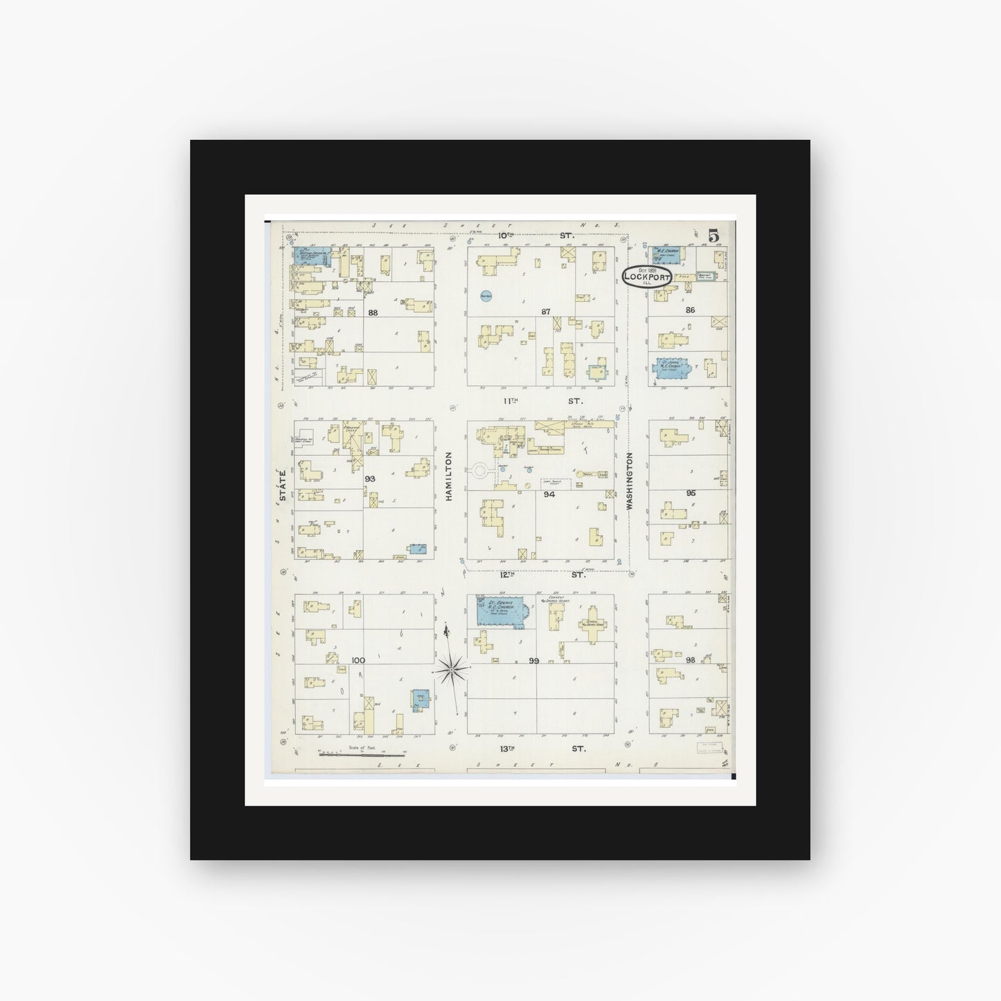 Old map wall art mockup — black gallery frame with white mat — Sanborn Fire Insurance Map from Lockport, Will County, Illinois (1891), Sheet #0005