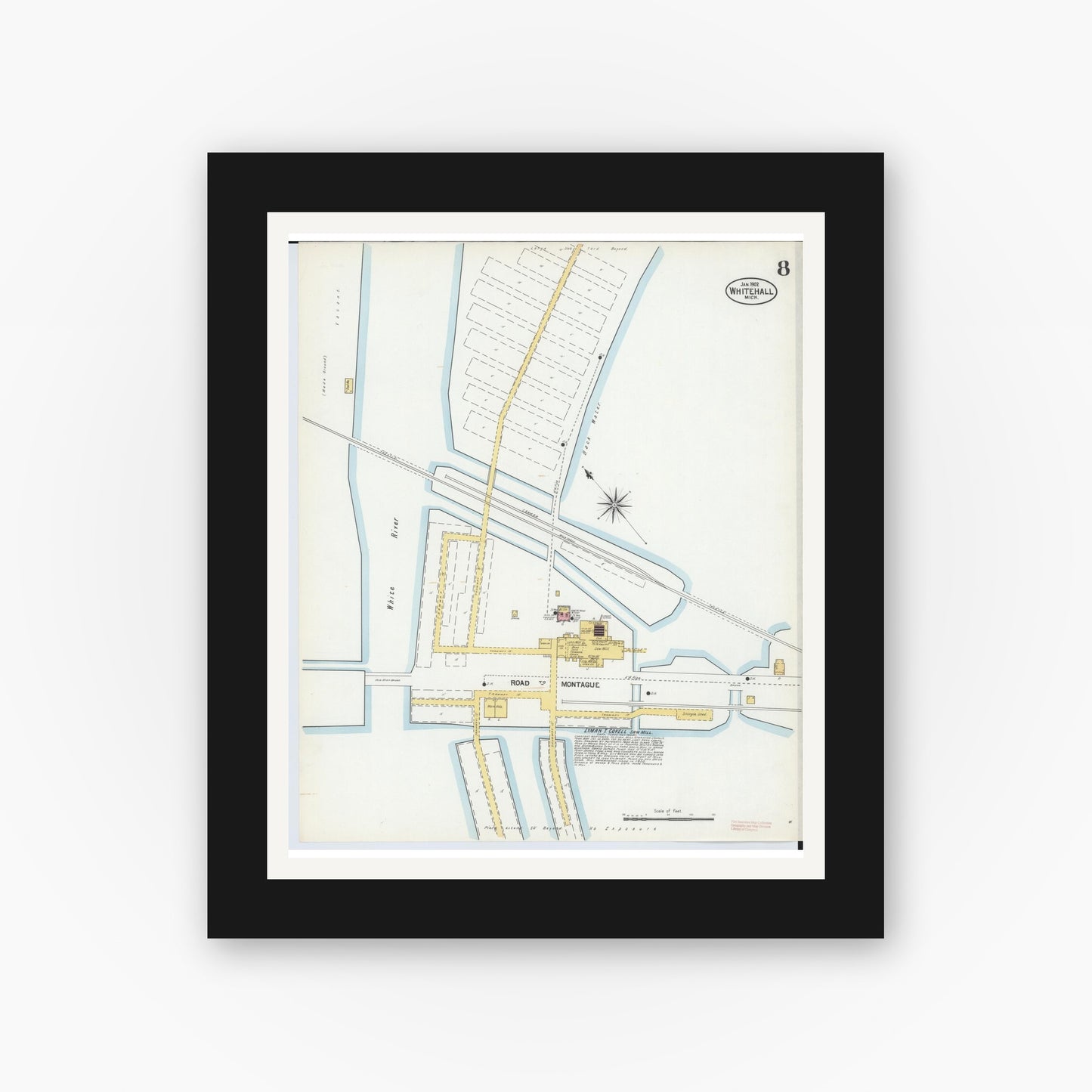 Old map wall art mockup — black gallery frame with white mat — Sanborn Fire Insurance Map from Whitehall, Muskegon County, Michigan (1902), Sheet #0008