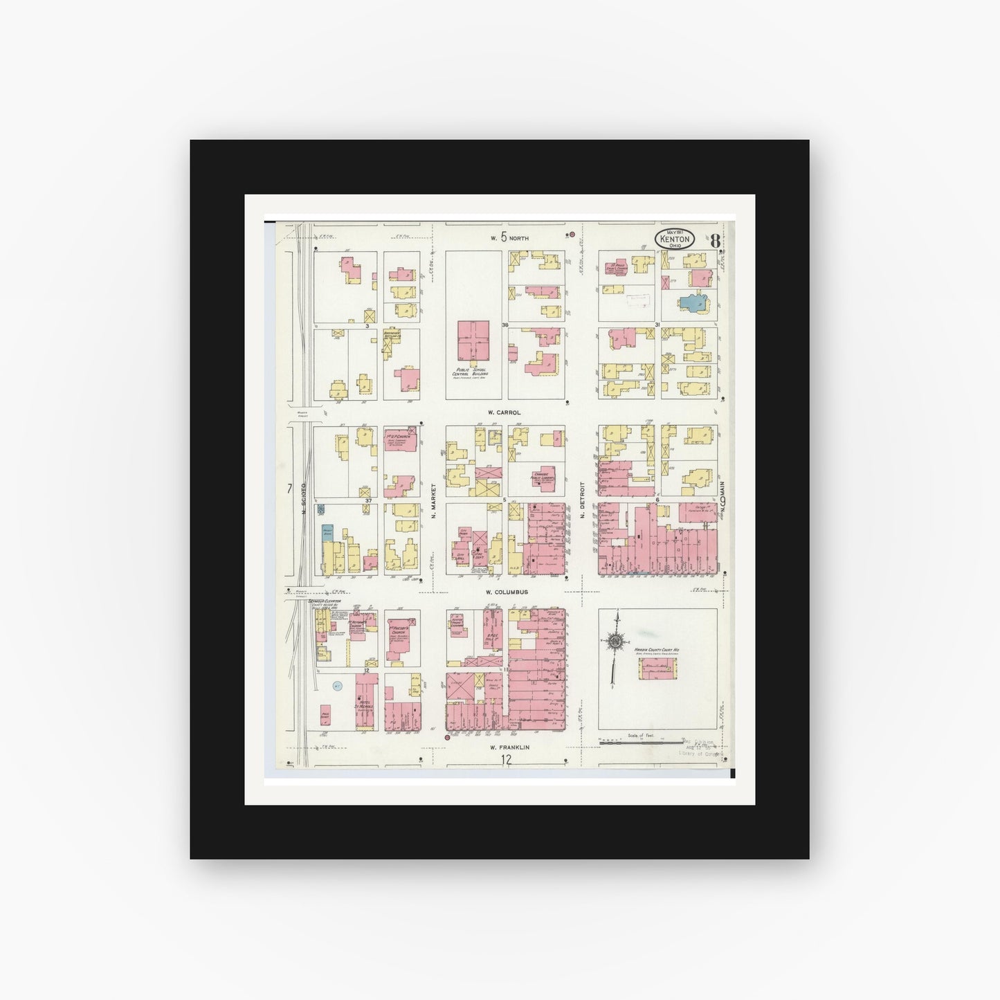 Old map wall art mockup — black gallery frame with white mat — Sanborn Fire Insurance Map from Kenton, Hardin County, Ohio (1911), Sheet #0008