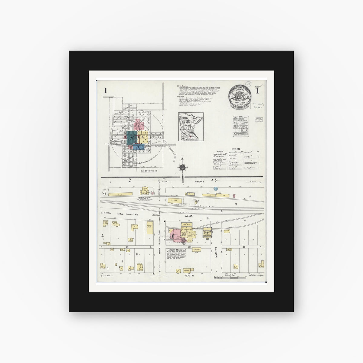 Old map wall art mockup — black gallery frame with white mat — Sanborn Fire Insurance Map from Janesville, Waseca County, Minnesota (1924) - Complete Map Set
