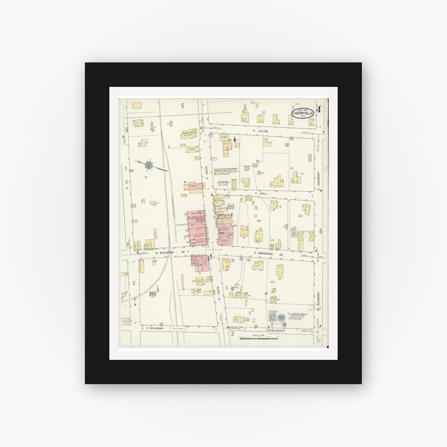 Old map wall art mockup — black gallery frame with white mat — Sanborn Fire Insurance Map from Cherryville, Gaston County, North Carolina (1914), Sheet #0004