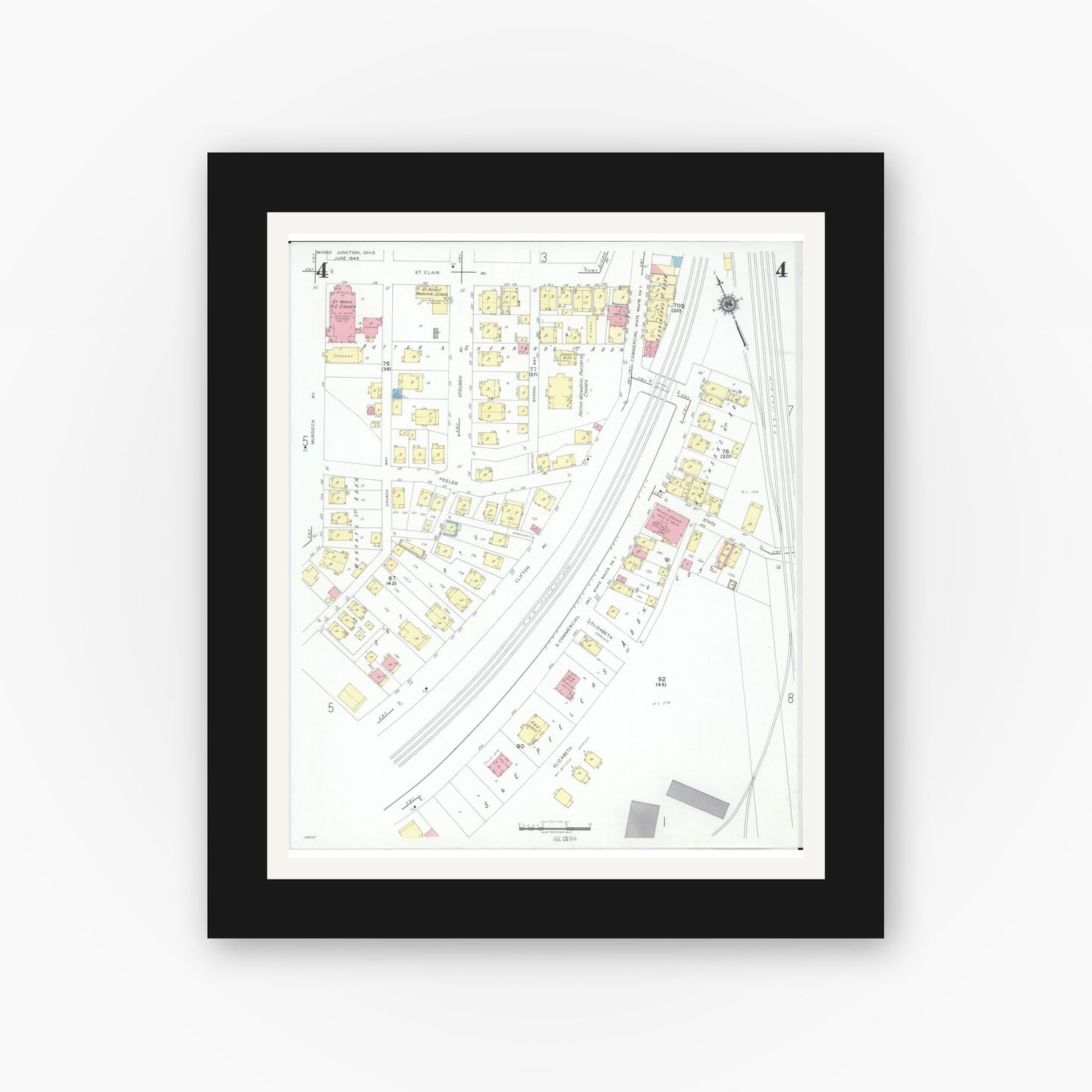 Old map wall art mockup — black gallery frame with white mat — Sanborn Fire Insurance Map from Mingo Junction, Jefferson County, Ohio (1946), Sheet #0004