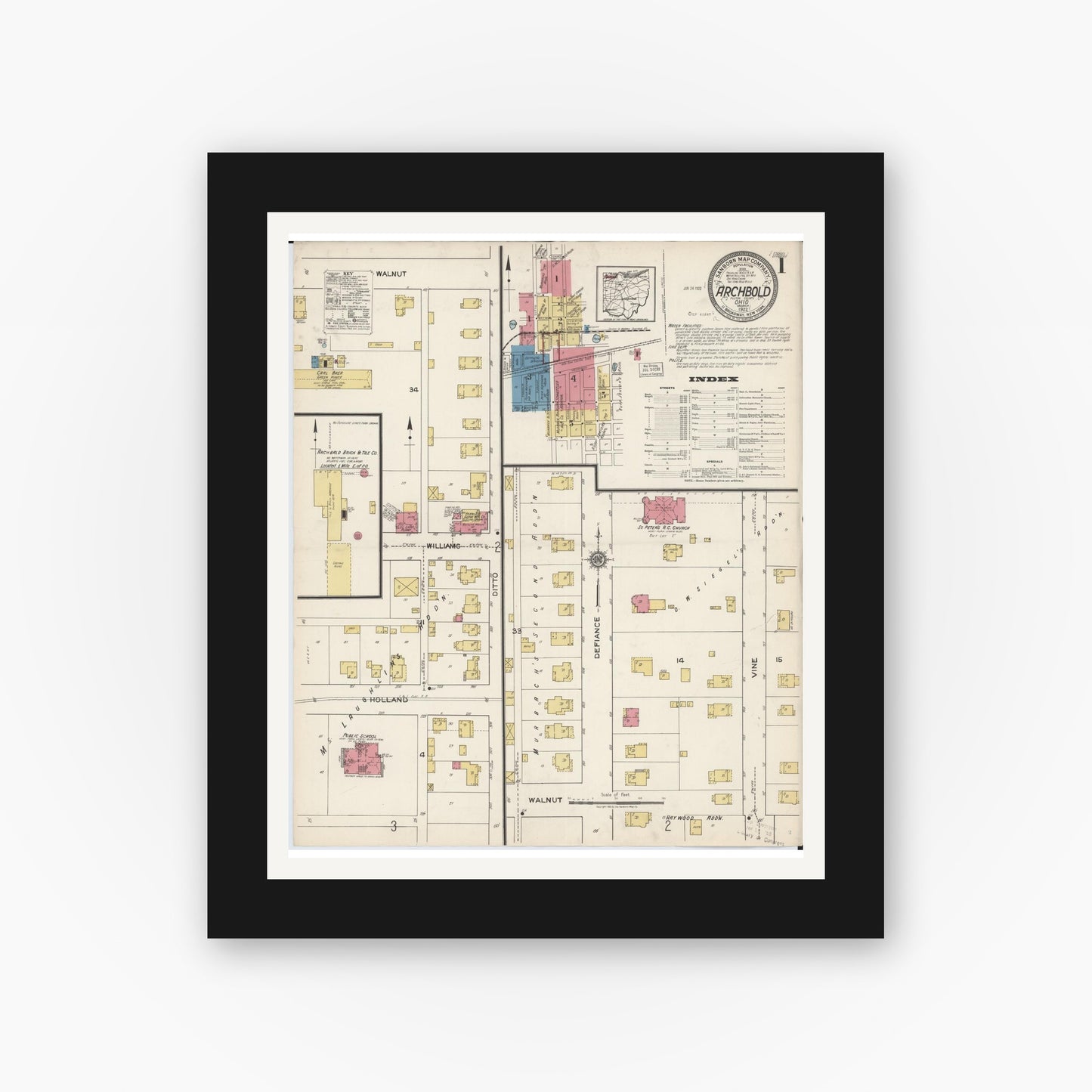 Old map wall art mockup — black gallery frame with white mat — Sanborn Fire Insurance Map from Archbold, Fulton County, Ohio (1922) - Complete Map Set