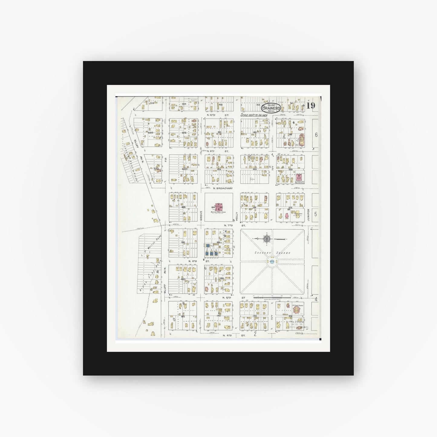 Old map wall art mockup — black gallery frame with white mat — Sanborn Fire Insurance Map from Brainerd, Crow Wing County, Minnesota (1917), Sheet #0019