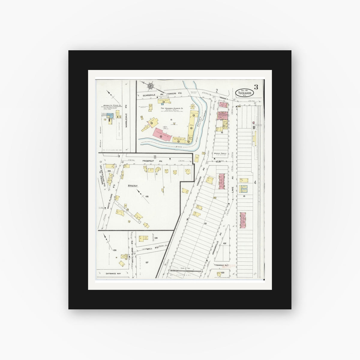 Old map wall art mockup — black gallery frame with white mat — Sanborn Fire Insurance Map from Tuckahoe, Westchester County, New York (1911), Sheet #0003