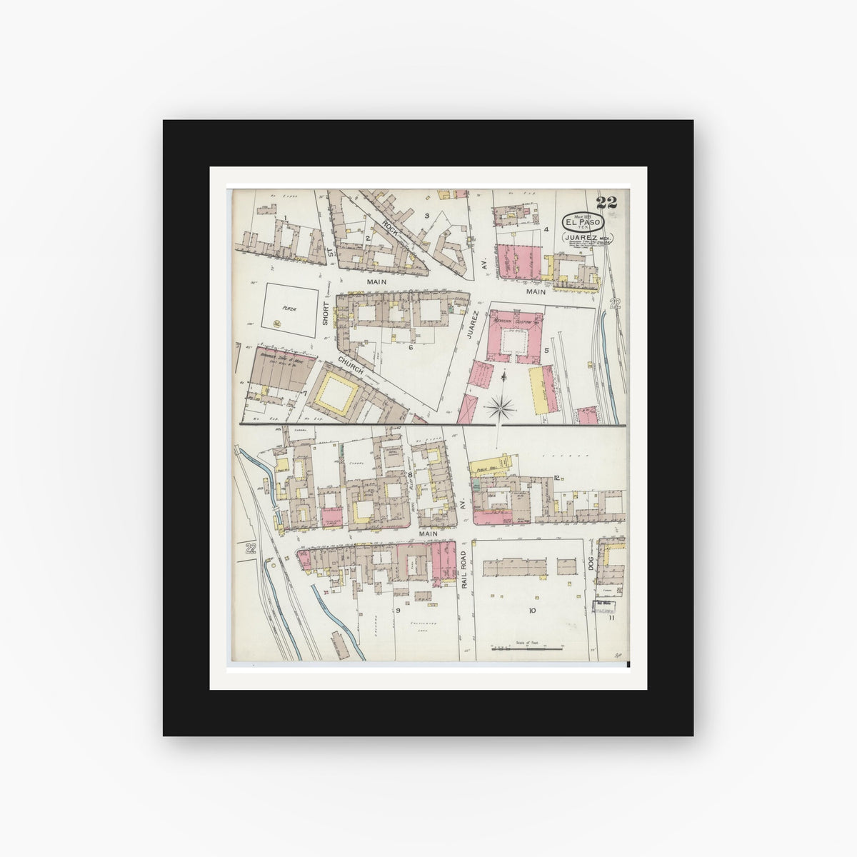 Old map wall art mockup — black gallery frame with white mat — Sanborn Fire Insurance Map from El Paso, El Paso County, Texas (1893), Sheet #0022