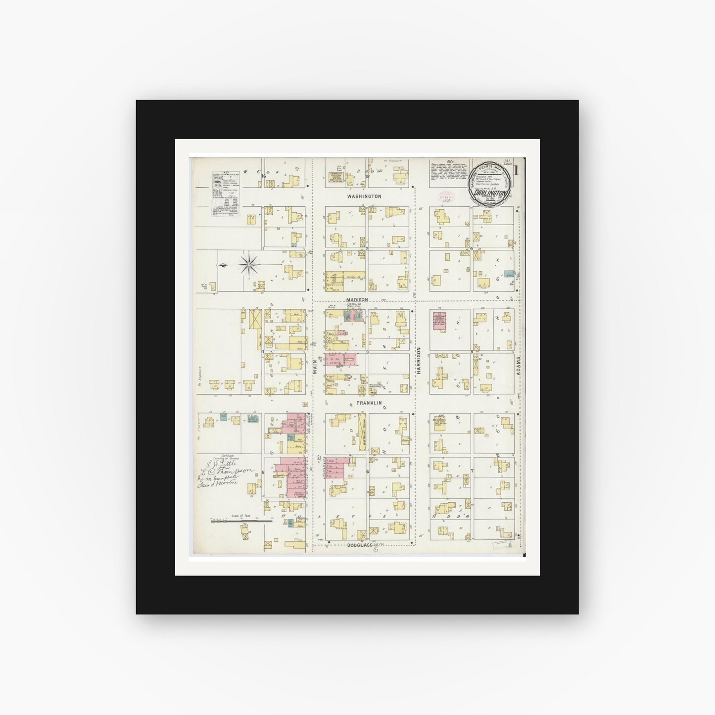 Old map wall art mockup — black gallery frame with white mat — Sanborn Fire Insurance Map from Darlington, Montgomery County, Indiana (1895) - Complete Map Set