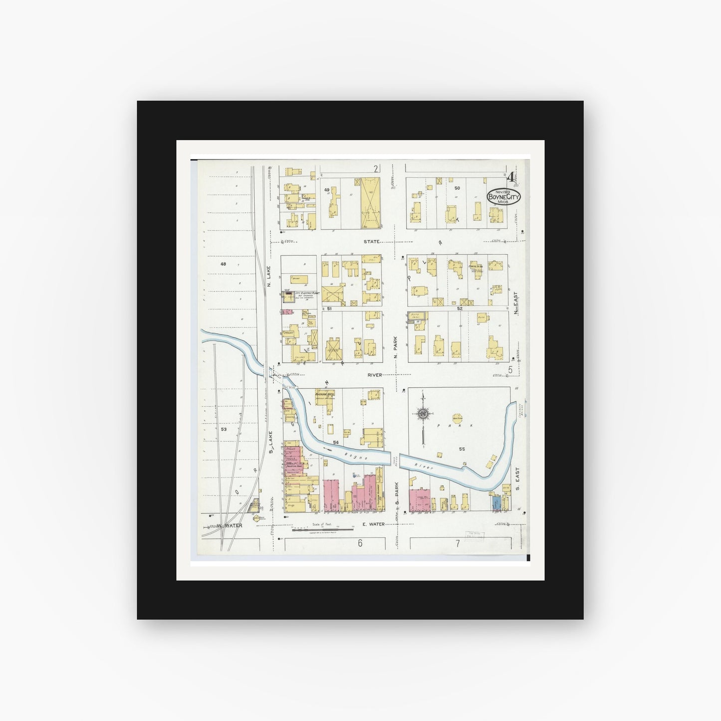 Old map wall art mockup — black gallery frame with white mat — Sanborn Fire Insurance Map from Boyne City, Charlevoix County, Michigan (1919), Sheet #0004