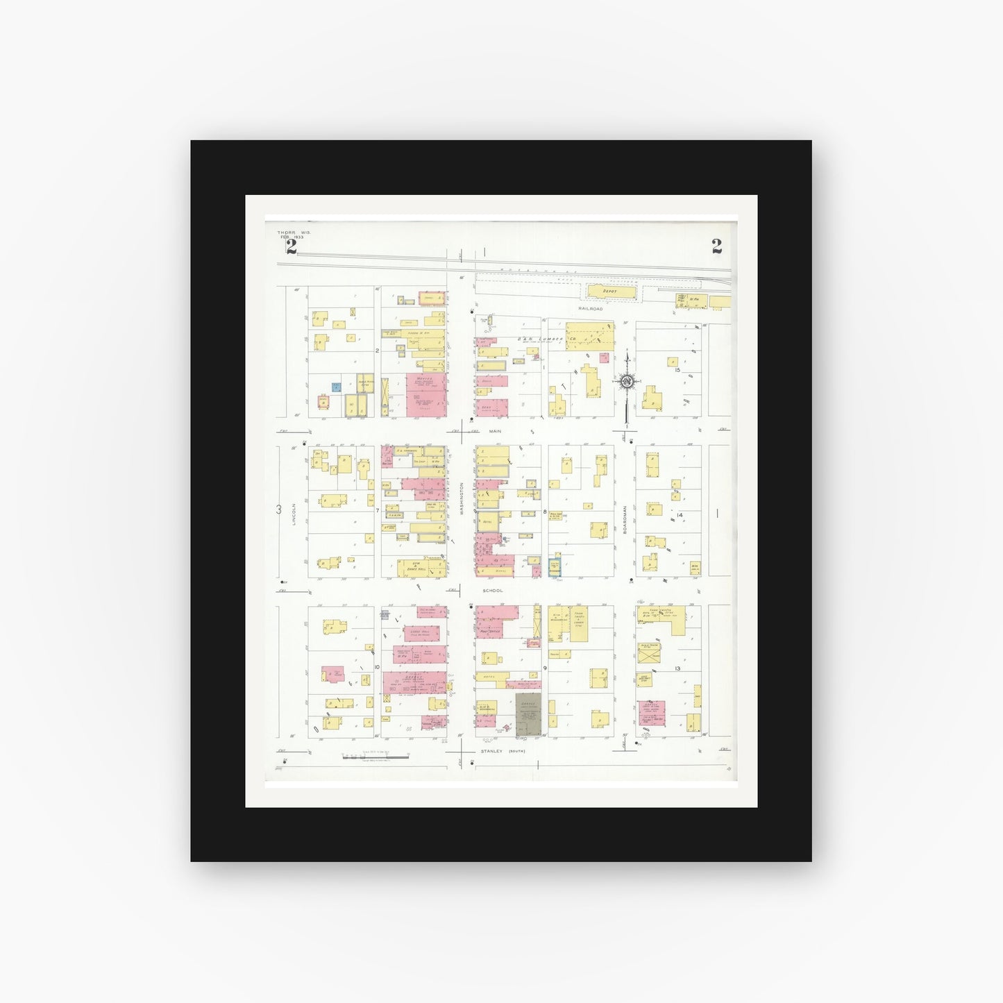 Old map wall art mockup — black gallery frame with white mat — Sanborn Fire Insurance Map from Thorpe, Clark County, Wisconsin (1933), Sheet #0002