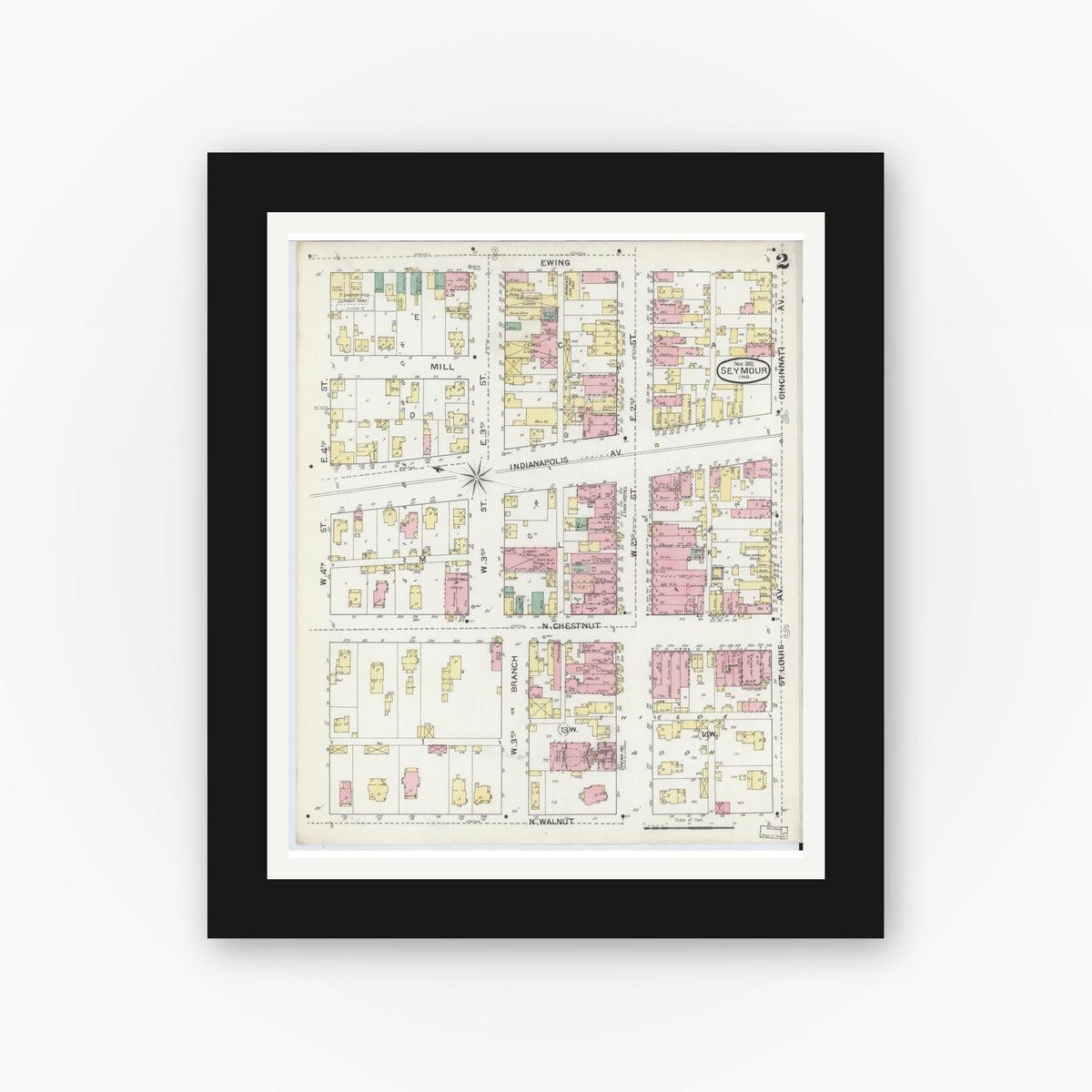 Old map wall art mockup — black gallery frame with white mat — Sanborn Fire Insurance Map from Seymour, Jackson County, Indiana (1892), Sheet #0002