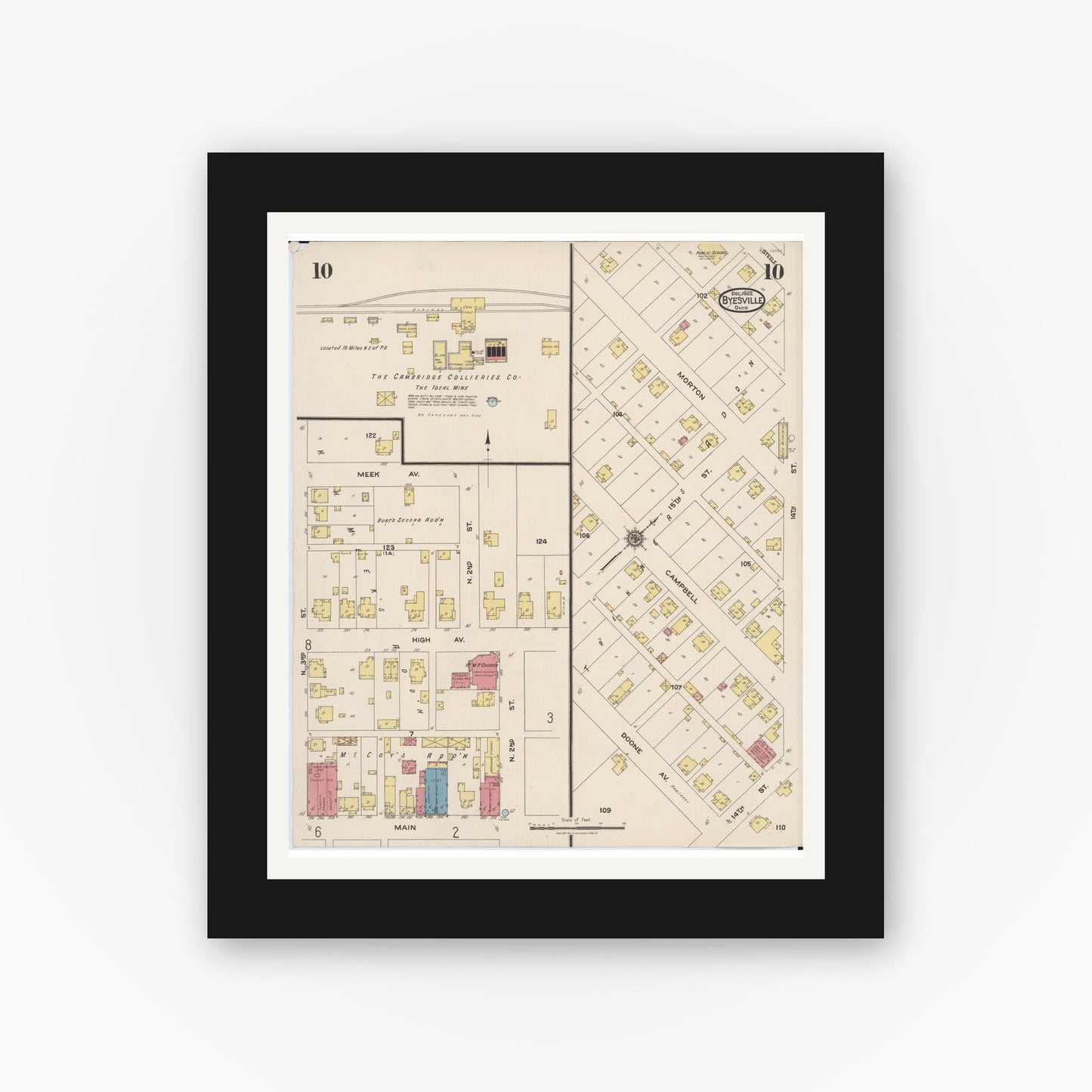 Old map wall art mockup — black gallery frame with white mat — Sanborn Fire Insurance Map from Byesville, Guernsey County, Ohio (1922), Sheet #0010