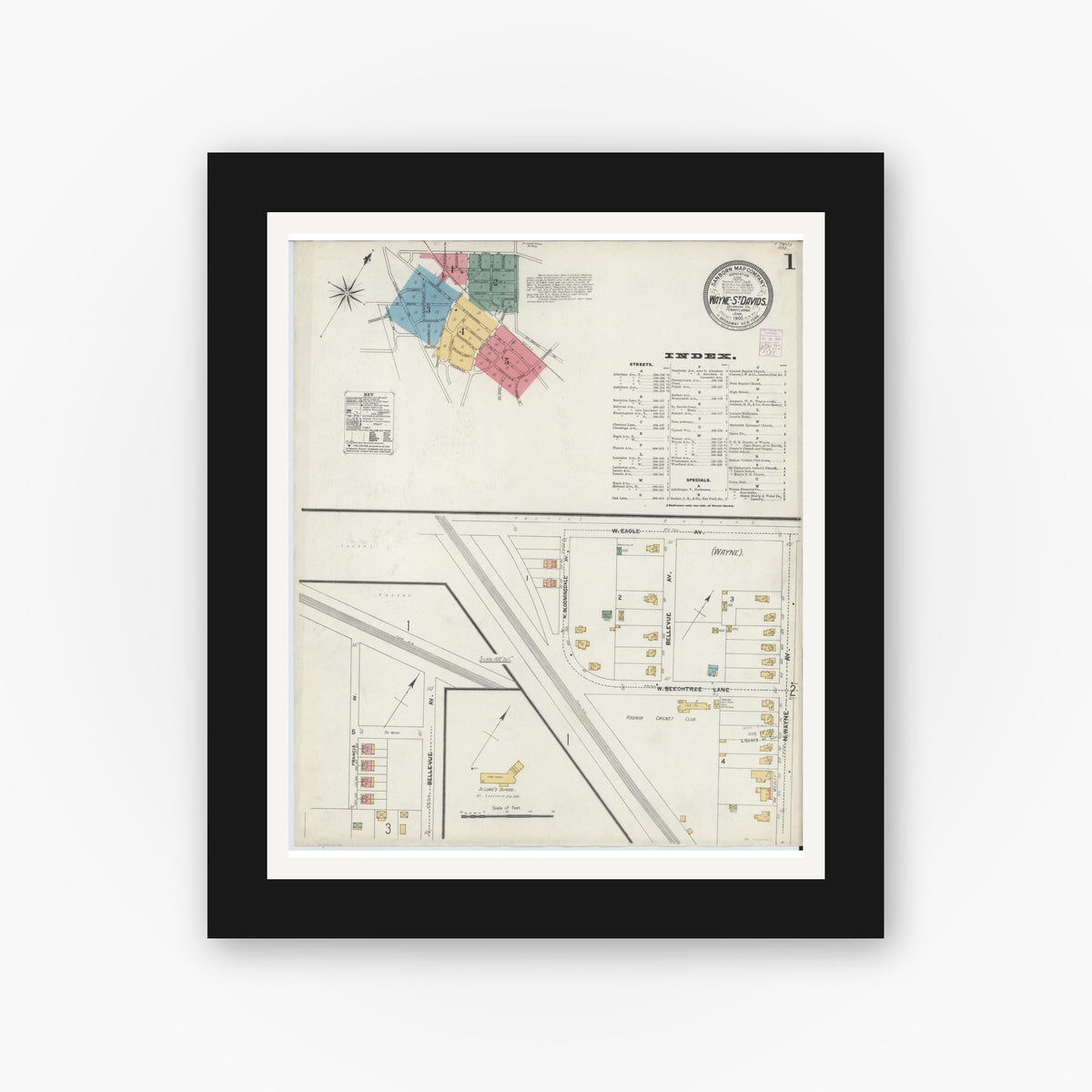 Old map wall art mockup — black gallery frame with white mat — Sanborn Fire Insurance Map from Wayne, Delaware County, Pennsylvania (1902) - Complete Map Set