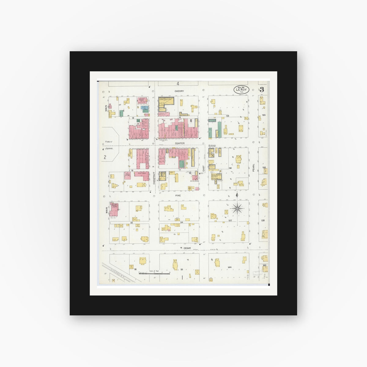 Old map wall art mockup — black gallery frame with white mat — Sanborn Fire Insurance Map from Leroy, McLean County, Illinois (1906), Sheet #0003