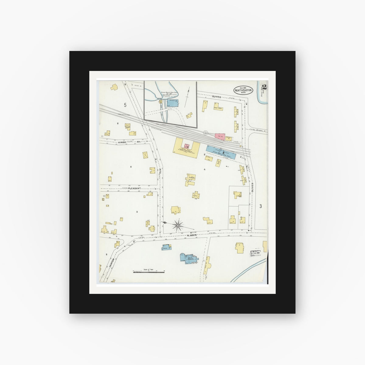 Old map wall art mockup — black gallery frame with white mat — Sanborn Fire Insurance Map from North Easton, Bristol County, Massachusetts (1903), Sheet #0002