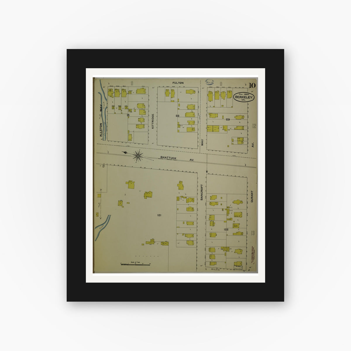Old map wall art mockup — black gallery frame with white mat — Sanborn Fire Insurance Map from Berkeley, Alameda County, California (1894), Sheet #0010