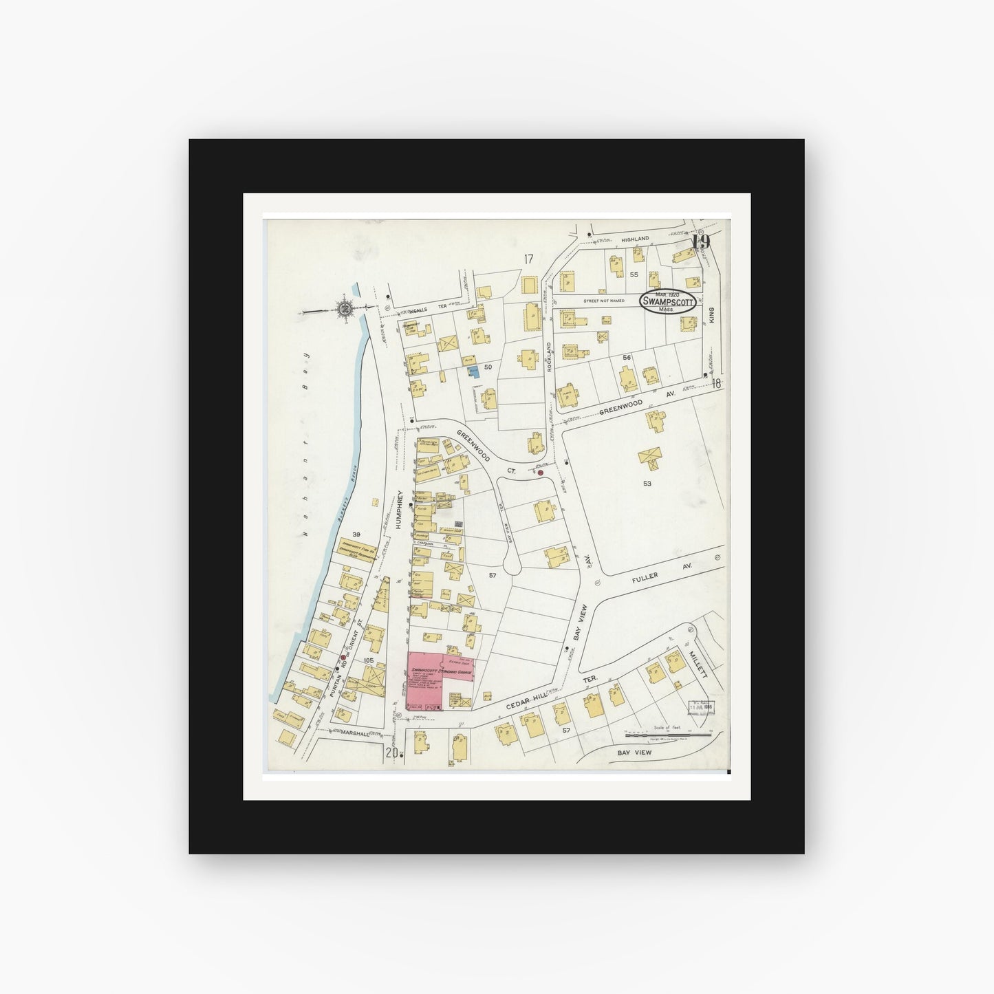 Old map wall art mockup — black gallery frame with white mat — Sanborn Fire Insurance Map from Swampscott, Essex County, Massachusetts (1920), Sheet #0019