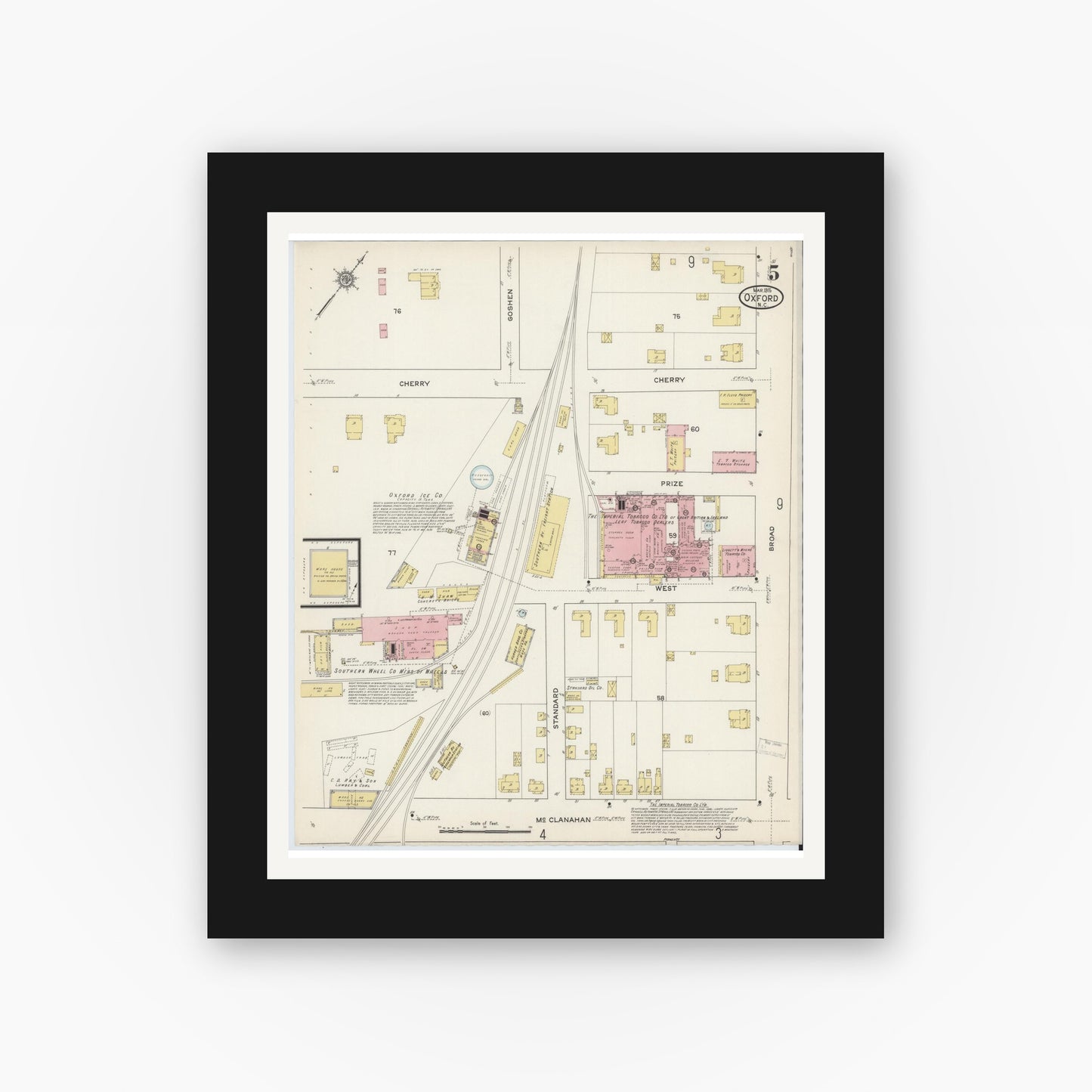 Old map wall art mockup — black gallery frame with white mat — Sanborn Fire Insurance Map from Oxford, Granville County, North Carolina (1915), Sheet #0005