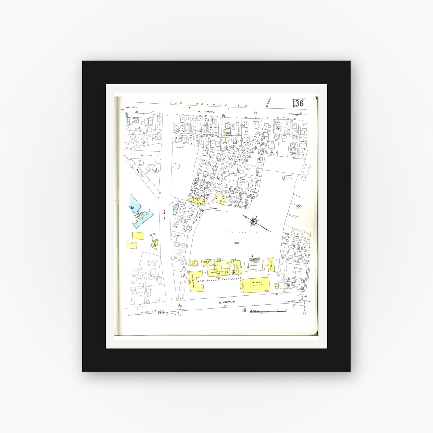 Old map wall art mockup — black gallery frame with white mat — Sanborn Fire Insurance Map from Honolulu, Oahu County, Hawaii (1955), Sheet #0136