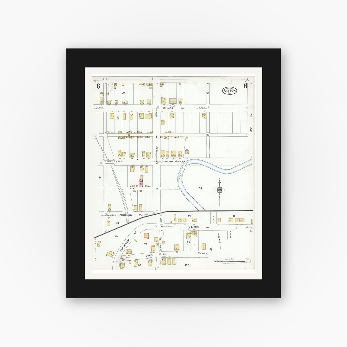 Old map wall art mockup — black gallery frame with white mat — Sanborn Fire Insurance Map from Patton, Cambria County, Pennsylvania (1923), Sheet #0006