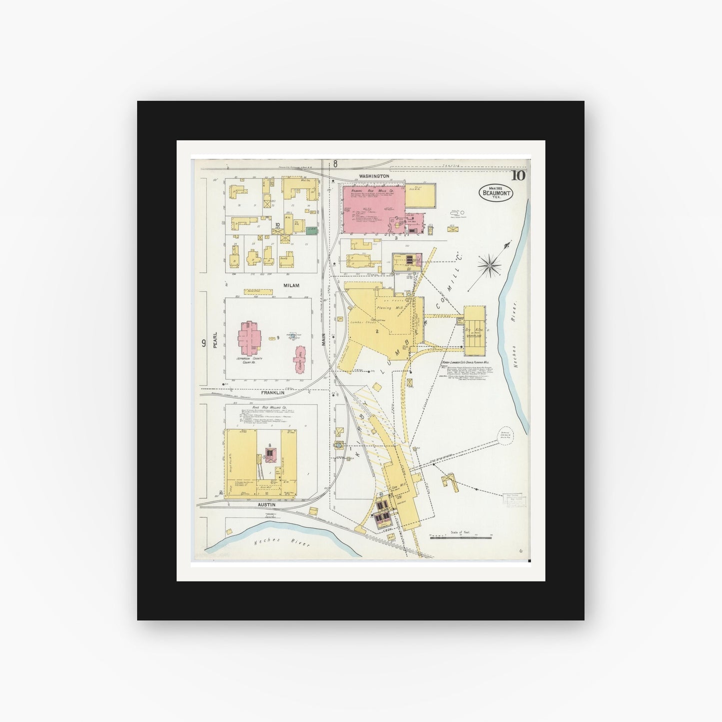 Old map wall art mockup — black gallery frame with white mat — Sanborn Fire Insurance Map from Beaumont, Jefferson County, Texas (1902), Sheet #0010