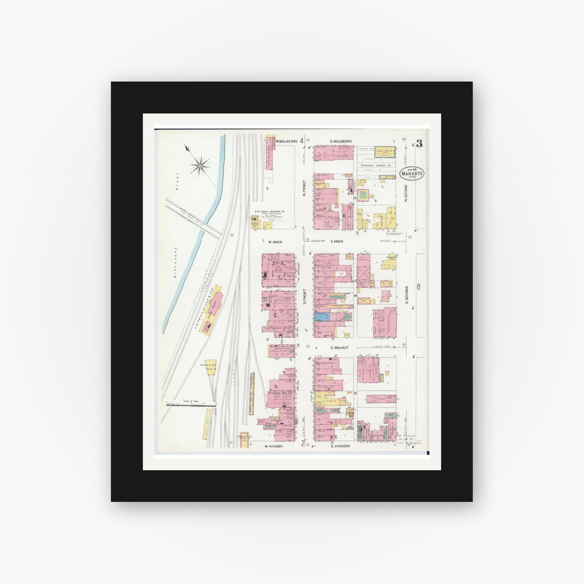 Old map wall art mockup — black gallery frame with white mat — Sanborn Fire Insurance Map from Mankato, Blue Earth County, Minnesota (1908), Sheet #0003
