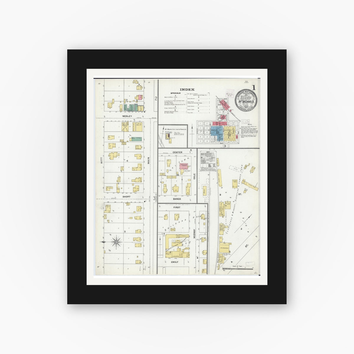 Old map wall art mockup — black gallery frame with white mat — Sanborn Fire Insurance Map from Mount Morris, Ogle County, Illinois (1905) - Complete Map Set