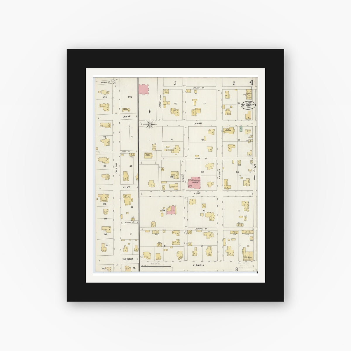 Old map wall art mockup — black gallery frame with white mat — Sanborn Fire Insurance Map from McKinney, Collin County, Texas (1897), Sheet #0004