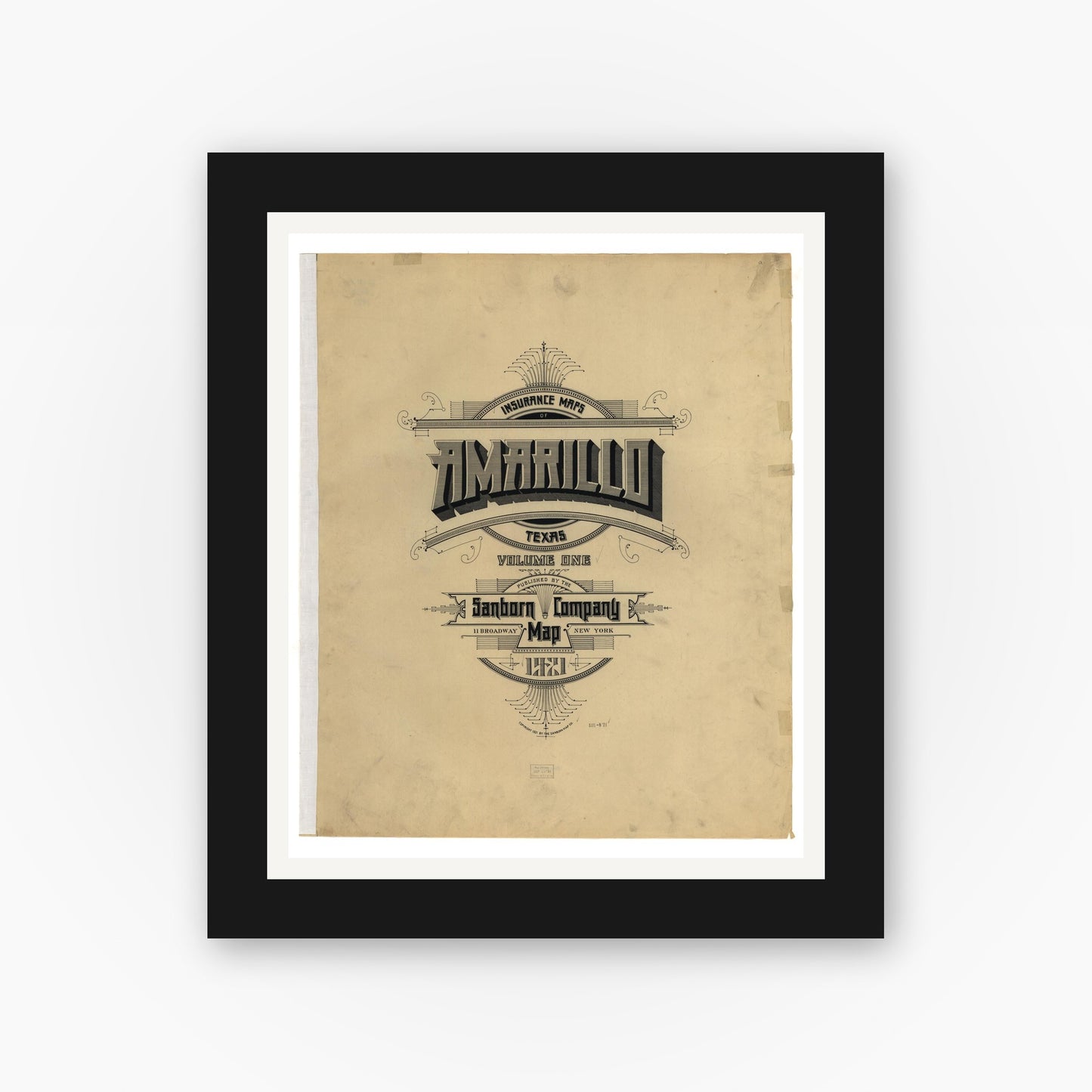 Old map wall art mockup — black gallery frame with white mat — Sanborn Fire Insurance Map from Amarillo, Potter County, Texas (1921), Sheet #0001