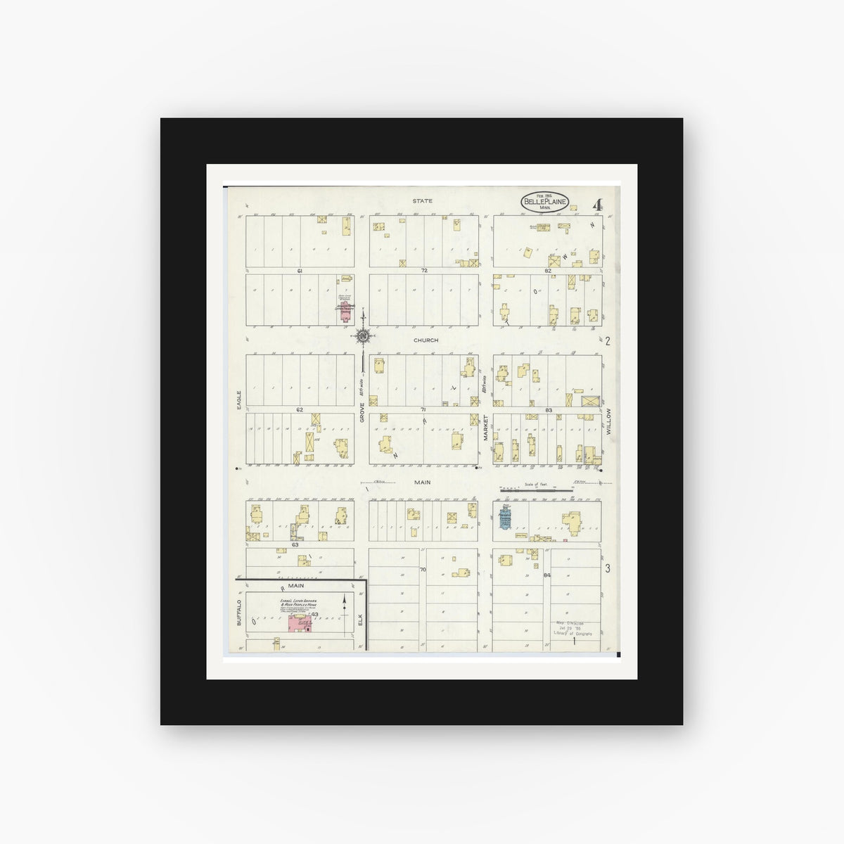 Old map wall art mockup — black gallery frame with white mat — Sanborn Fire Insurance Map from Belle Plaine, Scott County, Minnesota (1914), Sheet #0004