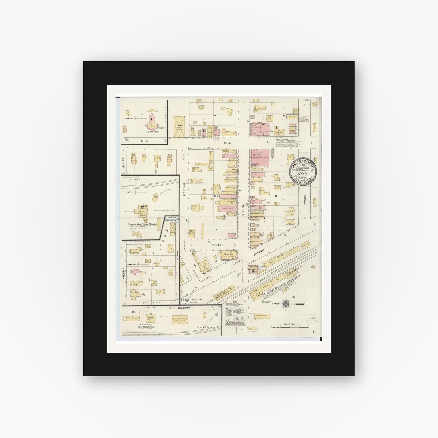 Old map wall art mockup — black gallery frame with white mat — Sanborn Fire Insurance Map from Clio, Genesee County, Michigan (1910), Sheet #0001