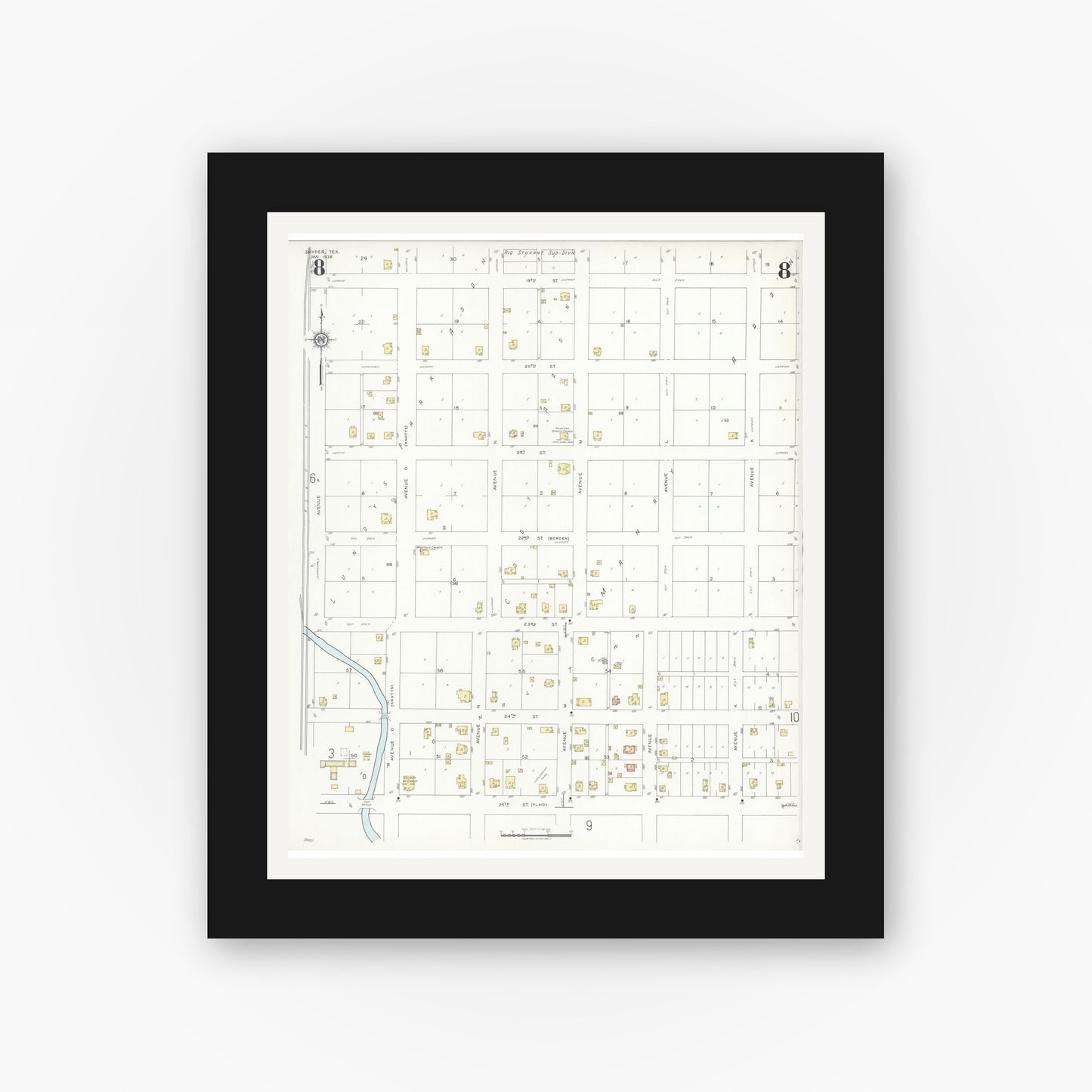 Old map wall art mockup — black gallery frame with white mat — Sanborn Fire Insurance Map from Snyder, Scurry County, Texas (1936), Sheet #0008