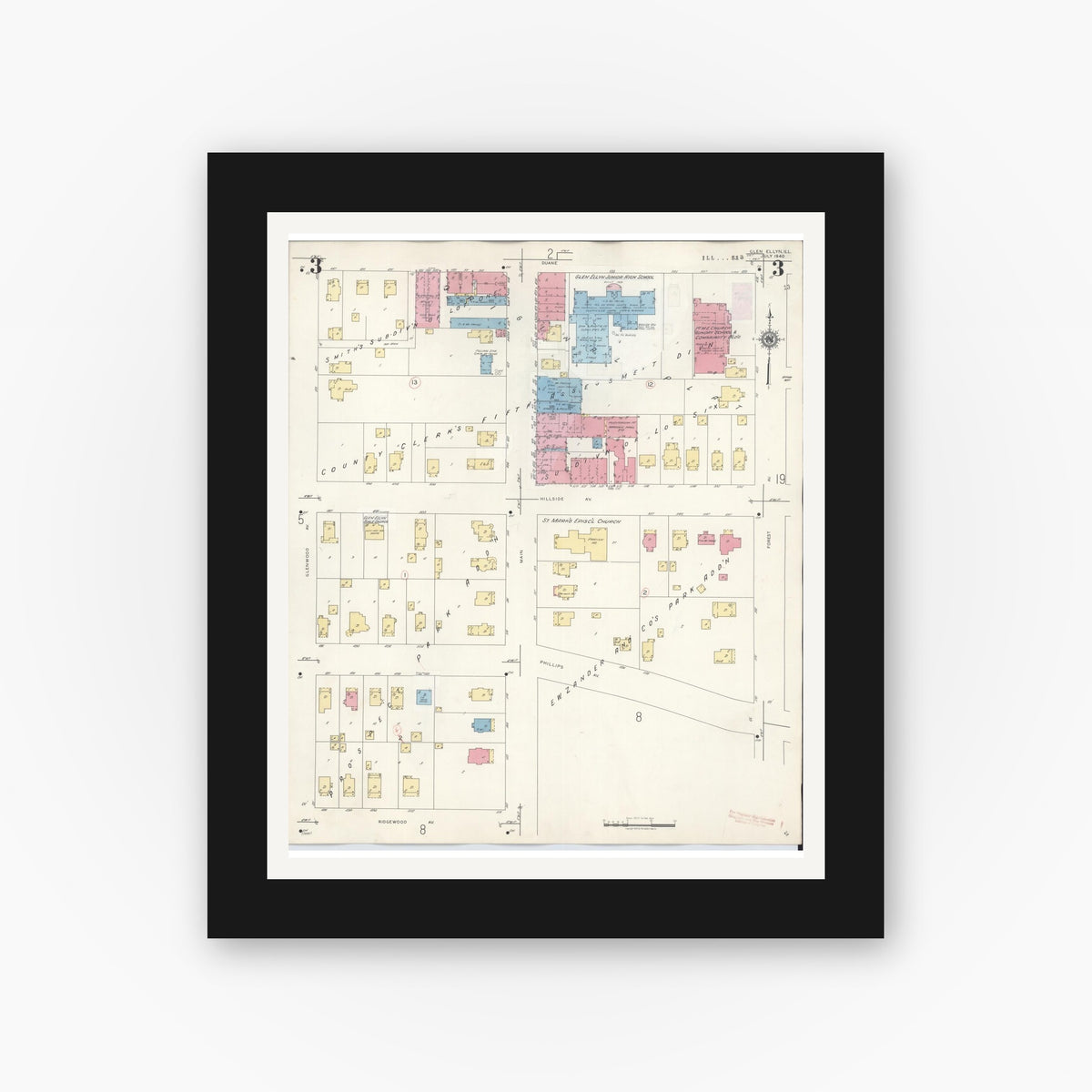 Old map wall art mockup — black gallery frame with white mat — Sanborn Fire Insurance Map from Glen Ellyn, Du Page County, Illinois (1946), Sheet #0003