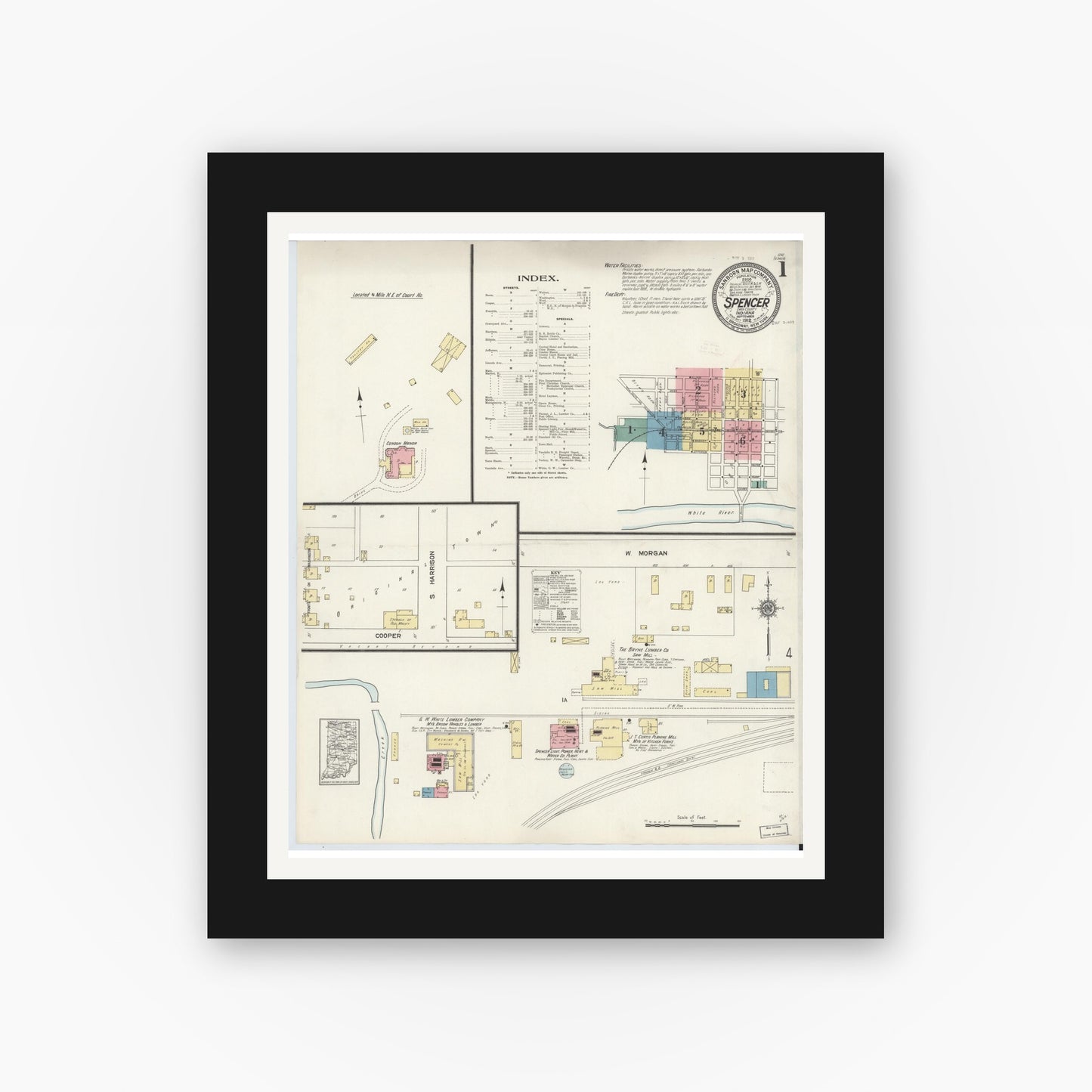 Old map wall art mockup — black gallery frame with white mat — Sanborn Fire Insurance Map from Spencer, Owen County, Indiana (1912) - Complete Map Set