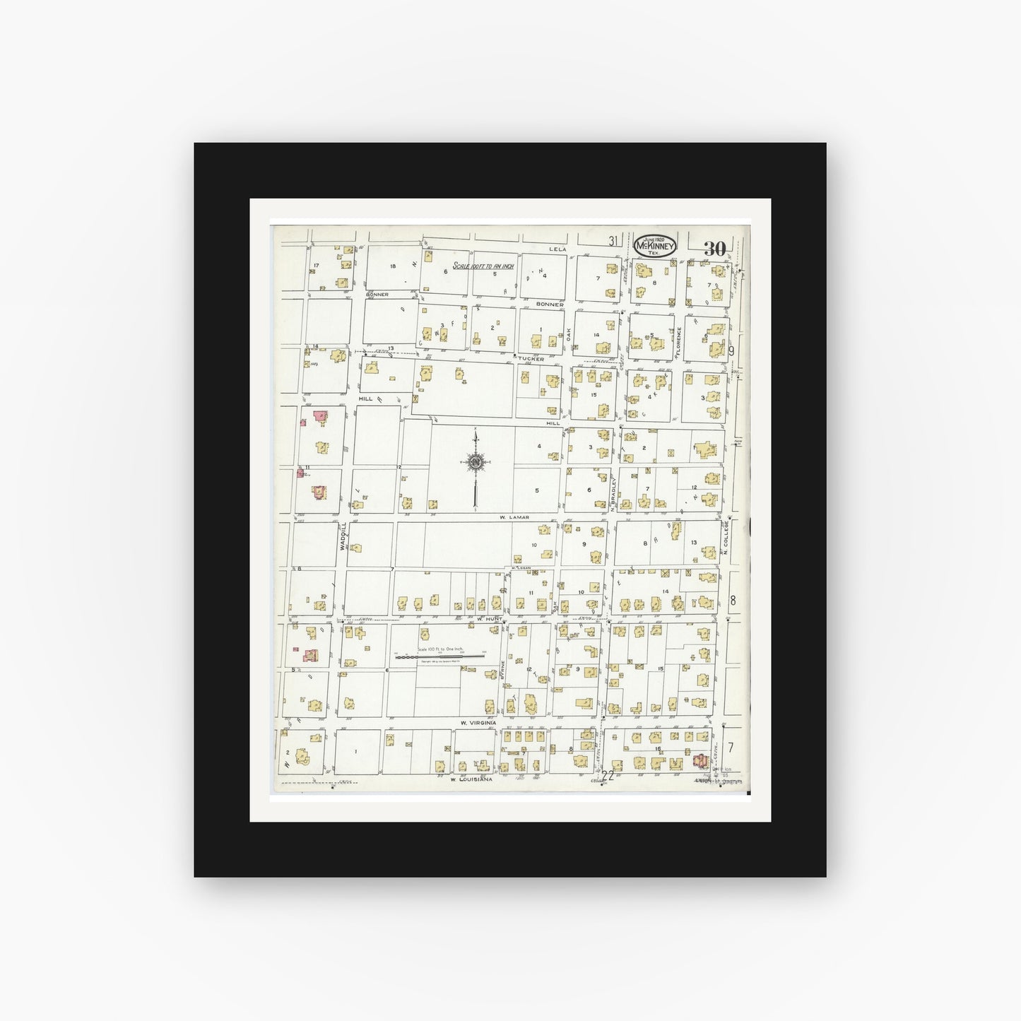 Old map wall art mockup — black gallery frame with white mat — Sanborn Fire Insurance Map from McKinney, Collin County, Texas (1920), Sheet #0030